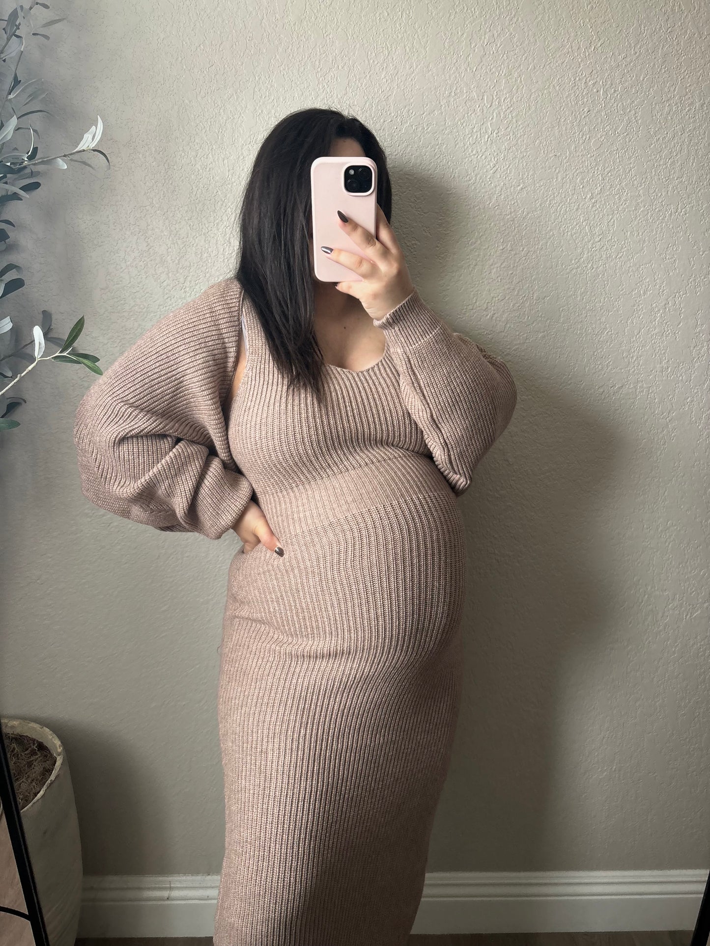 Knit V-Neck Midi Dress & Shrug Set- Latte
