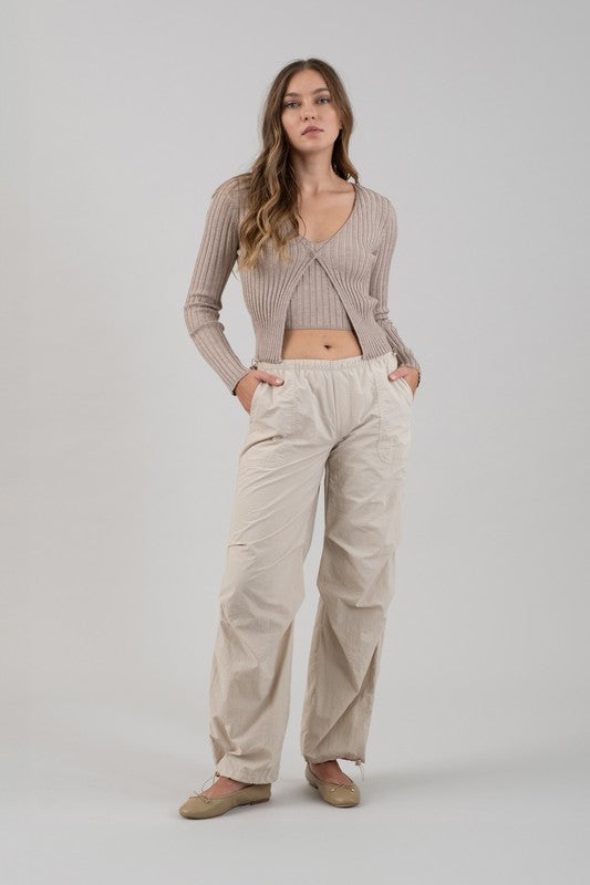 Long Sleeve Twofer Ribbed Sweater-Taupe