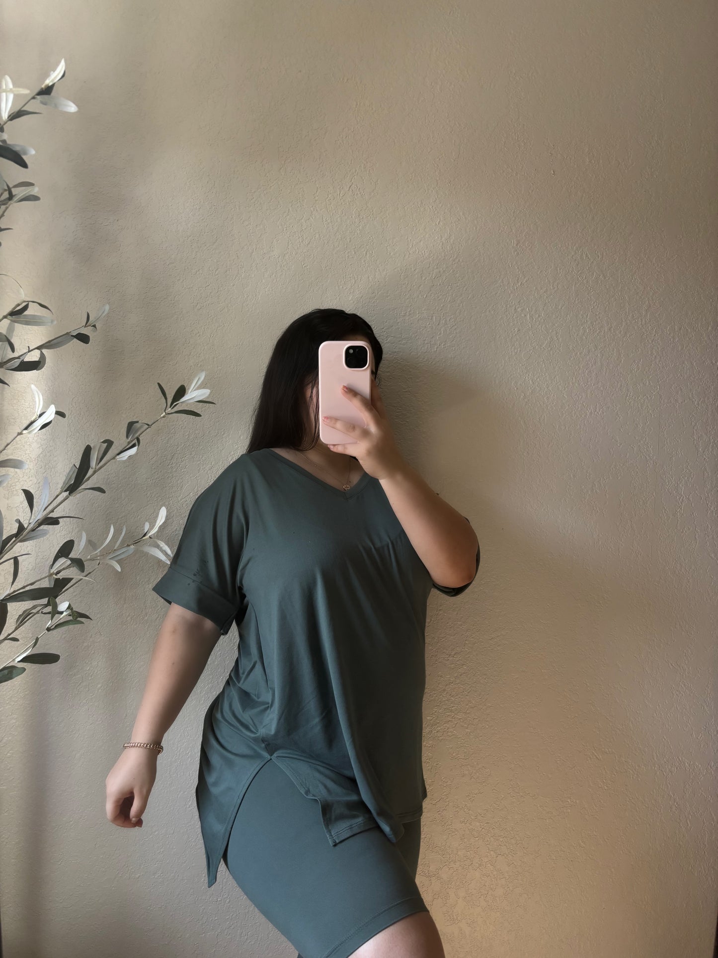 Terry V-Neck Oversized Tee & Biker Short Set (Ash Jade)