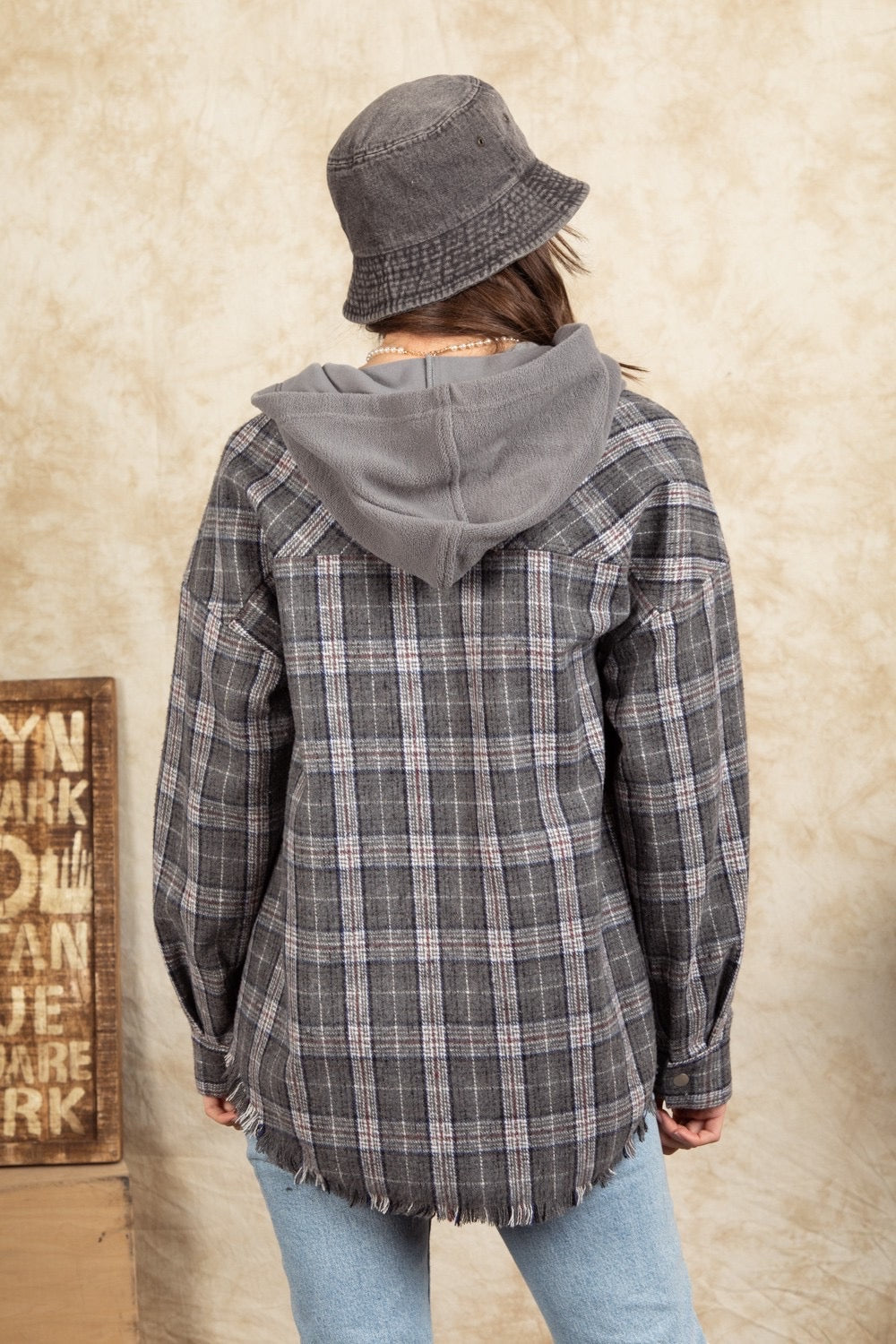 Jaylea Charcoal Mix Frayed Hem Plaid Shacket with Hood