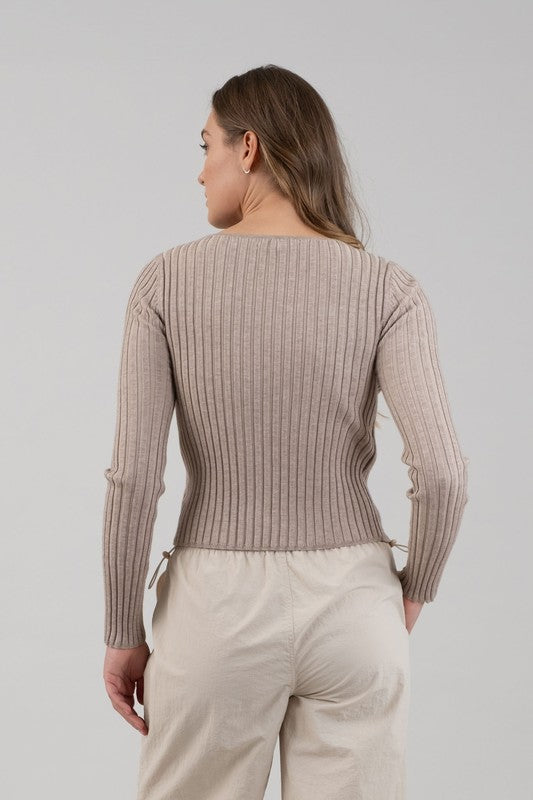 Long Sleeve Twofer Ribbed Sweater-Taupe