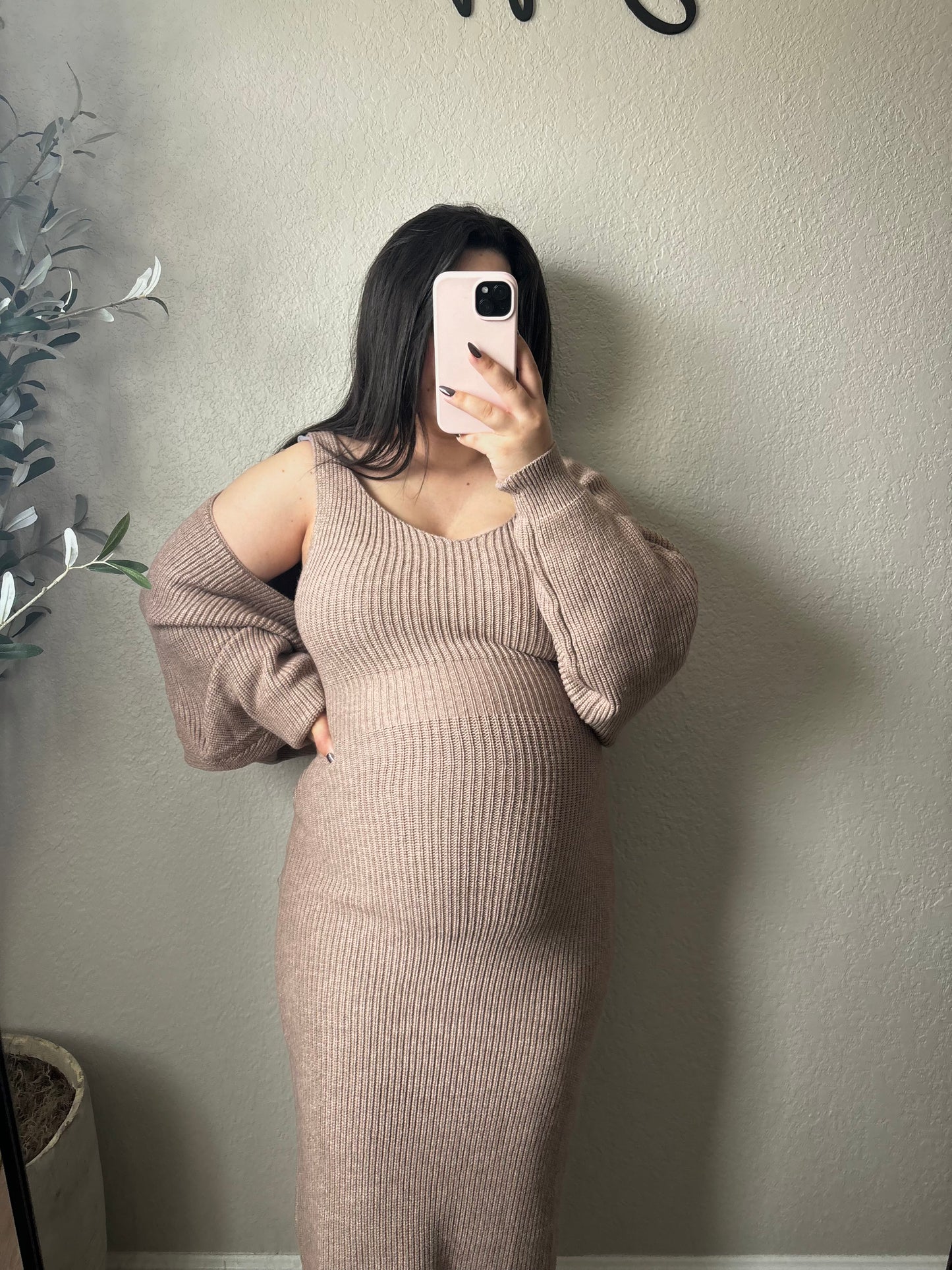 Knit V-Neck Midi Dress & Shrug Set- Latte