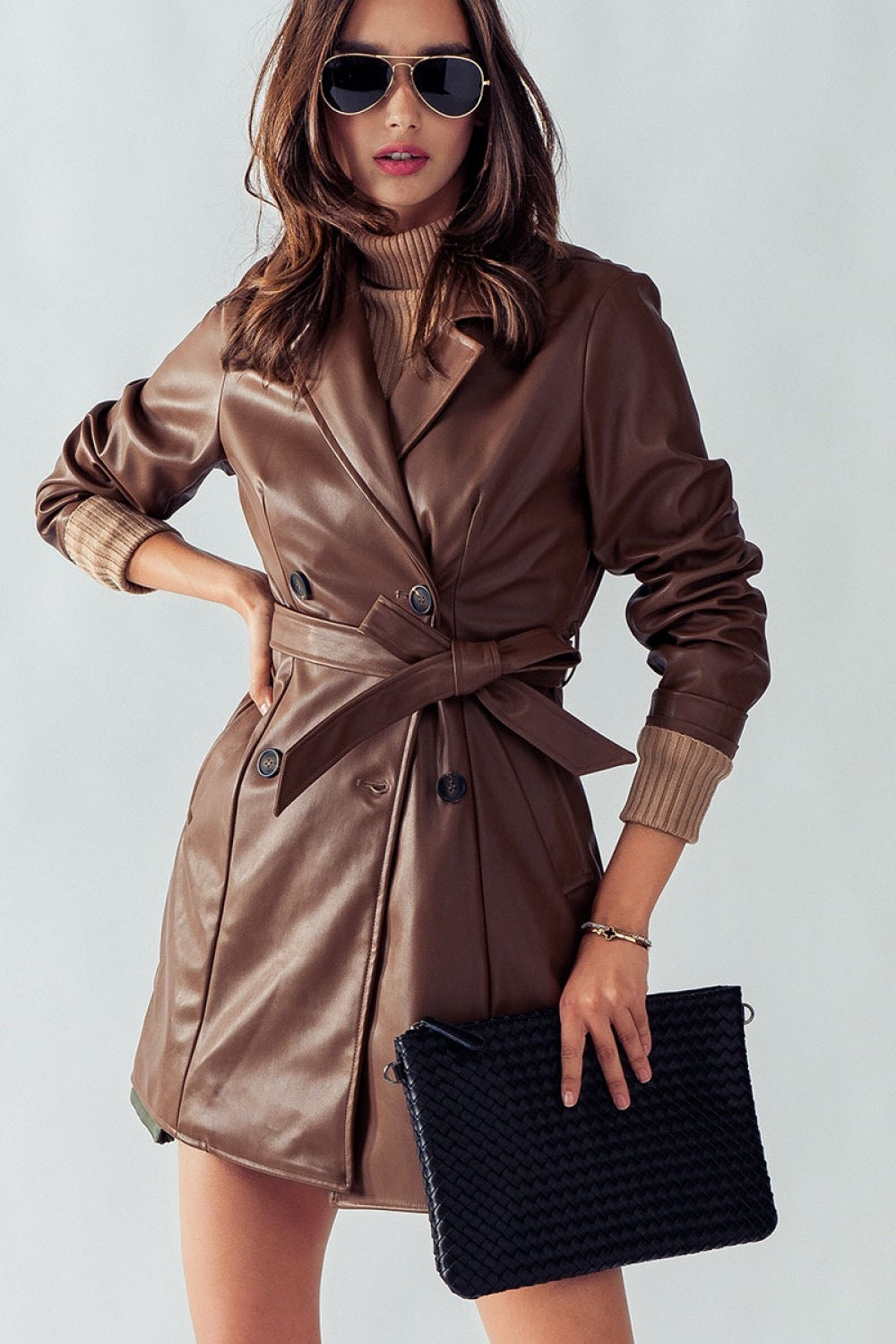Aaliyah Faux Leather Trench Coat (Brown)