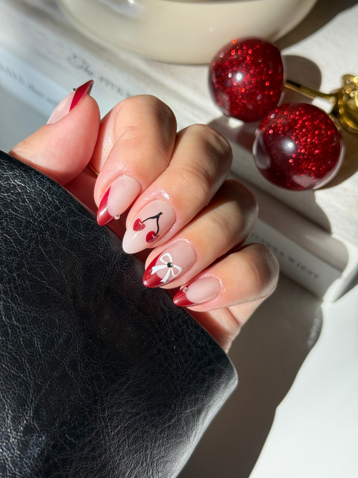 Cherry Ribbon Press On Nails- Short Almond