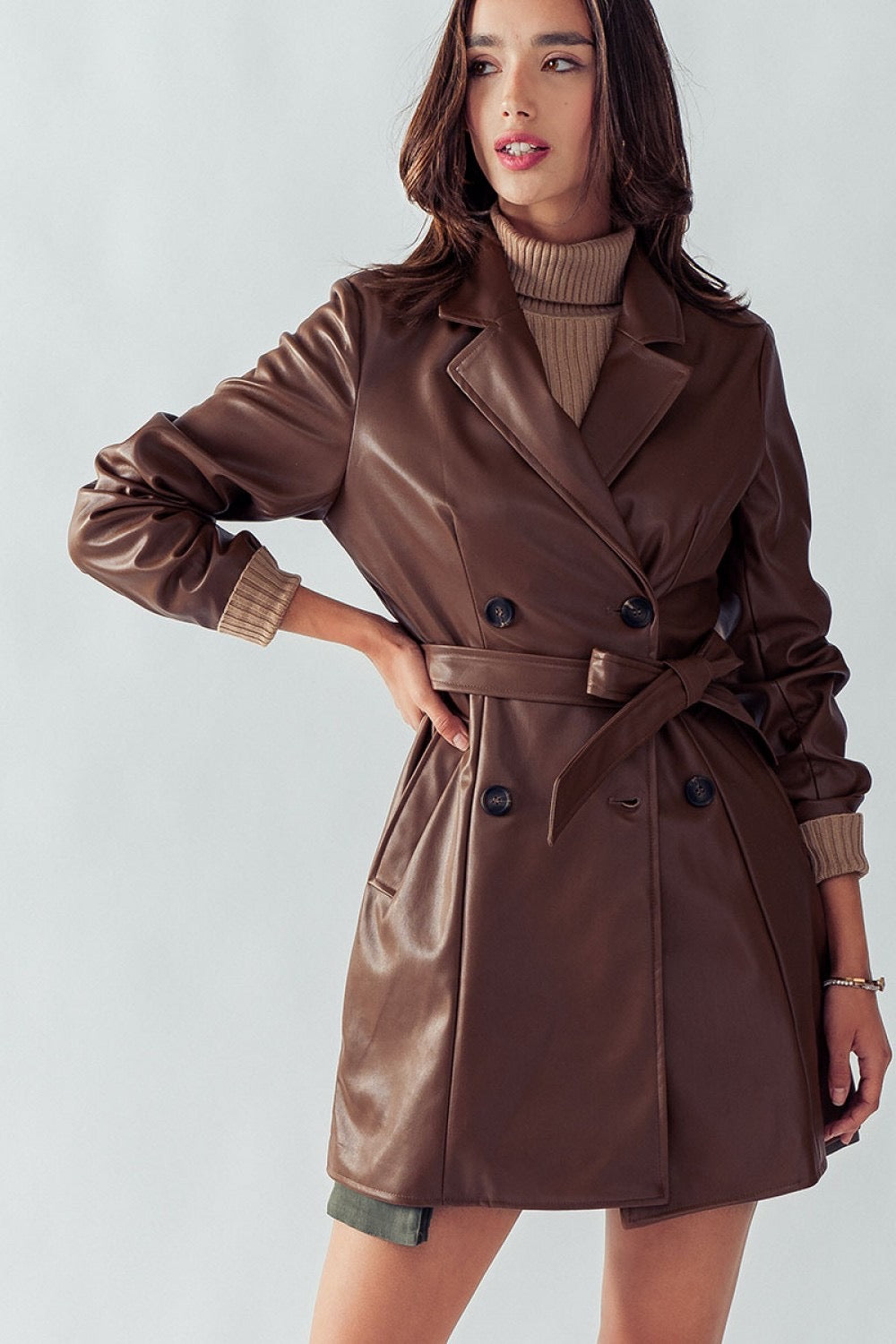 Aaliyah Faux Leather Trench Coat (Brown)