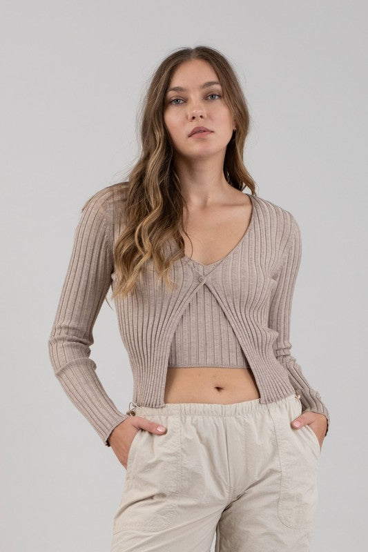 Long Sleeve Twofer Ribbed Sweater-Taupe