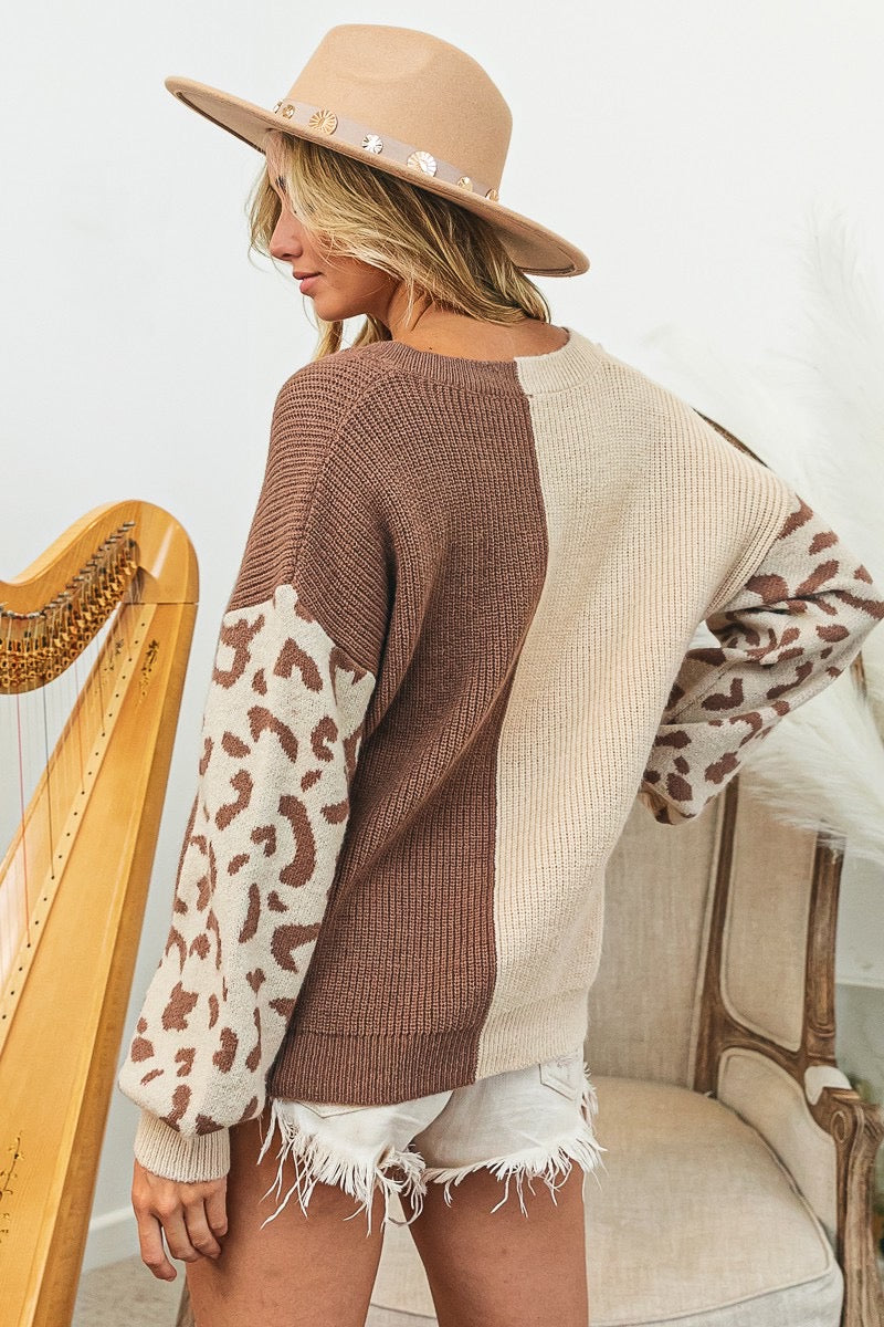 Addison Leopard Color Block Sweater (Oatmeal/Mocha)