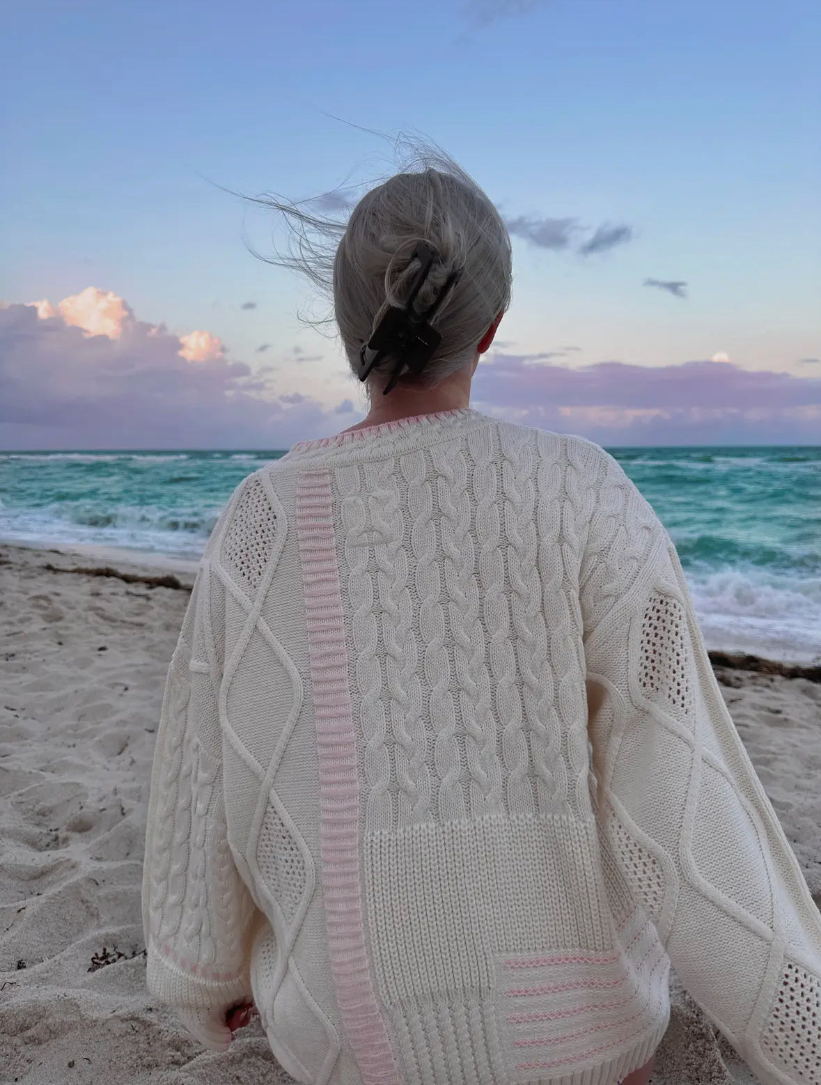 The Coastal Cable Knit Sweater - Ivory/Lt Pink