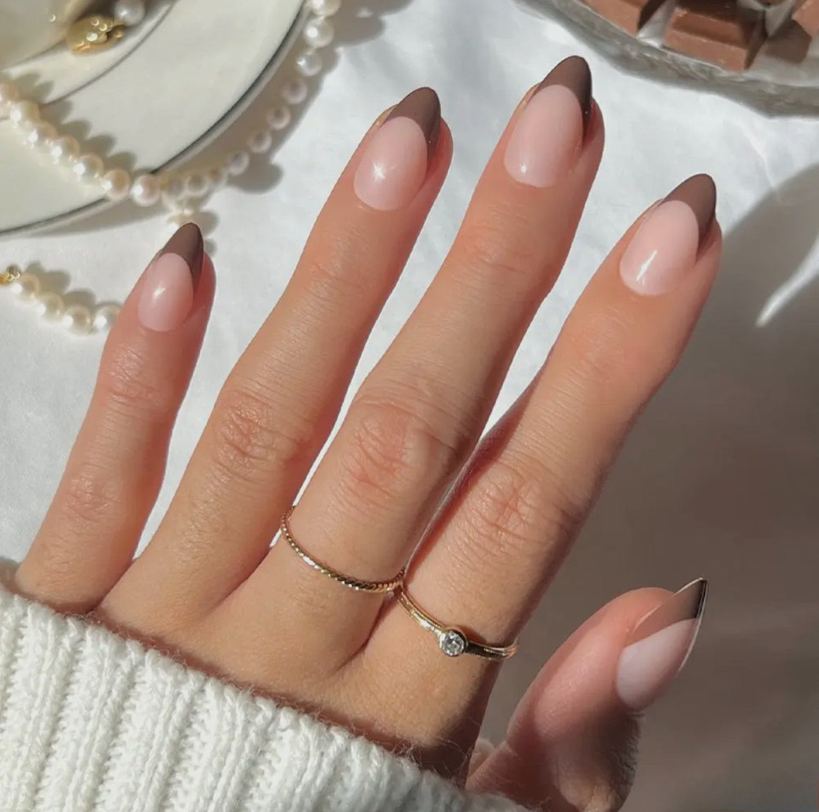 Brown French Tip Press On Nails- Short Almond