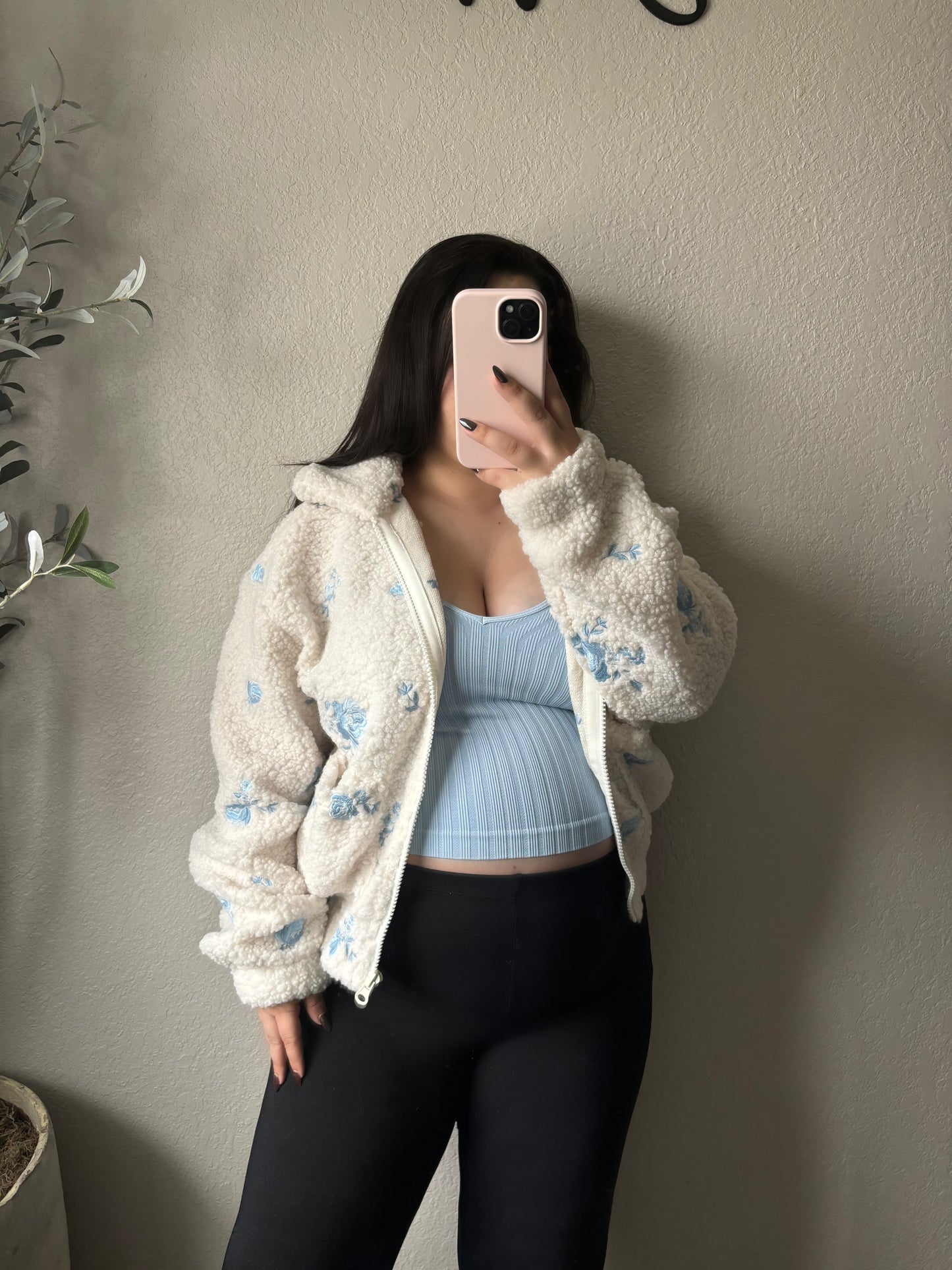 Floral Bliss Sherpa Jacket- Baby Blue/Cream