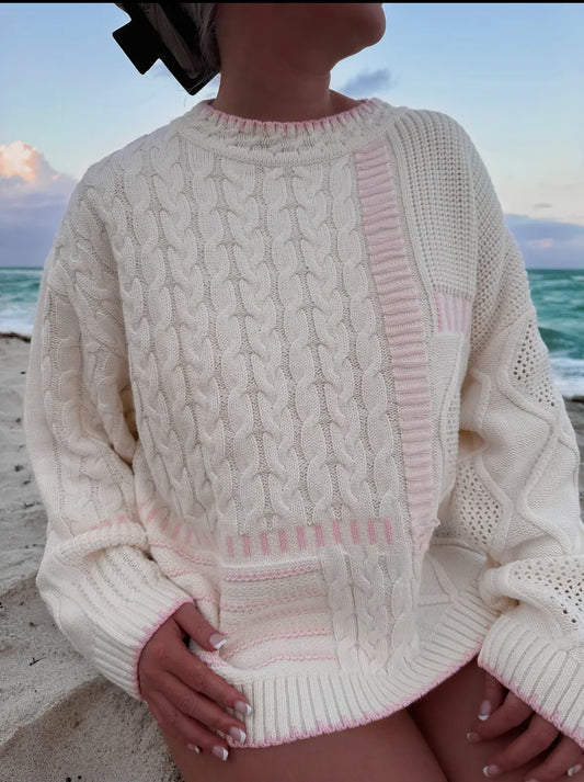 The Coastal Cable Knit Sweater - Ivory/Lt Pink