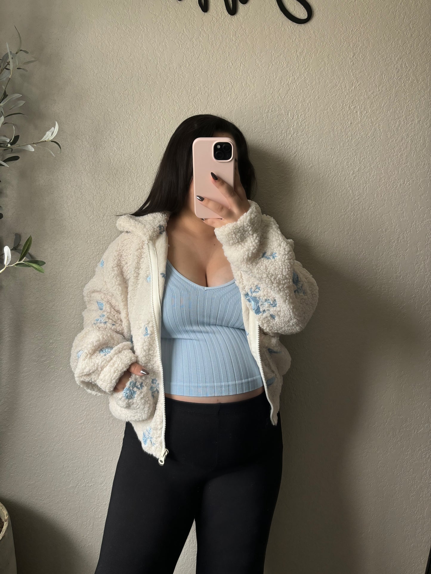 Floral Bliss Sherpa Jacket- Baby Blue/Cream