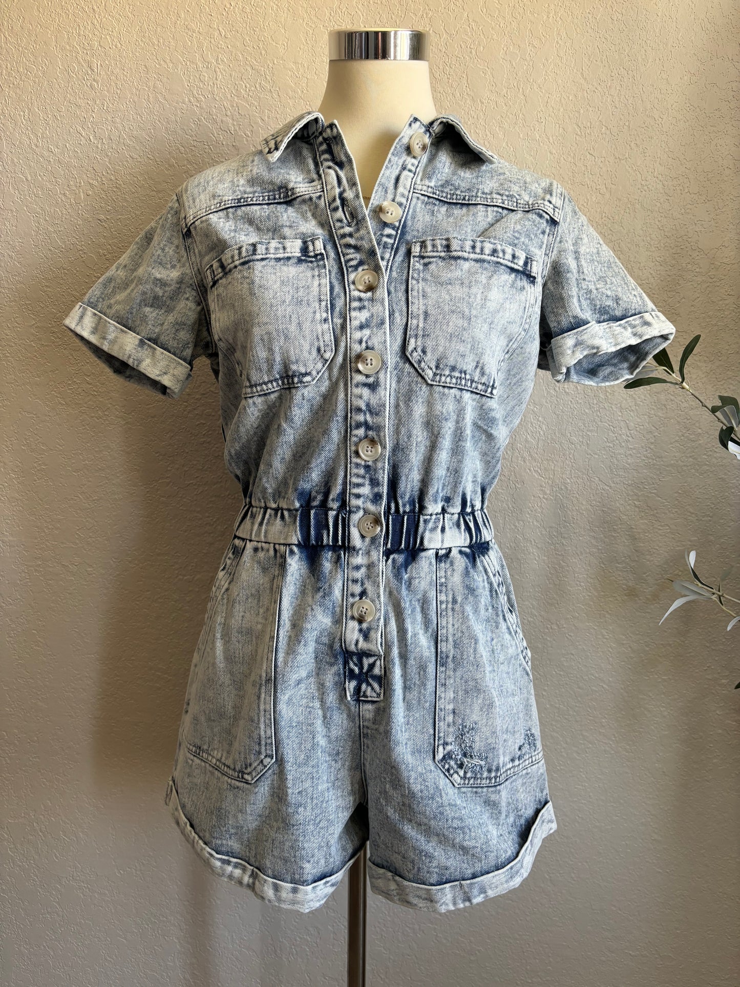 Washed Denim Short Sleeve Romper