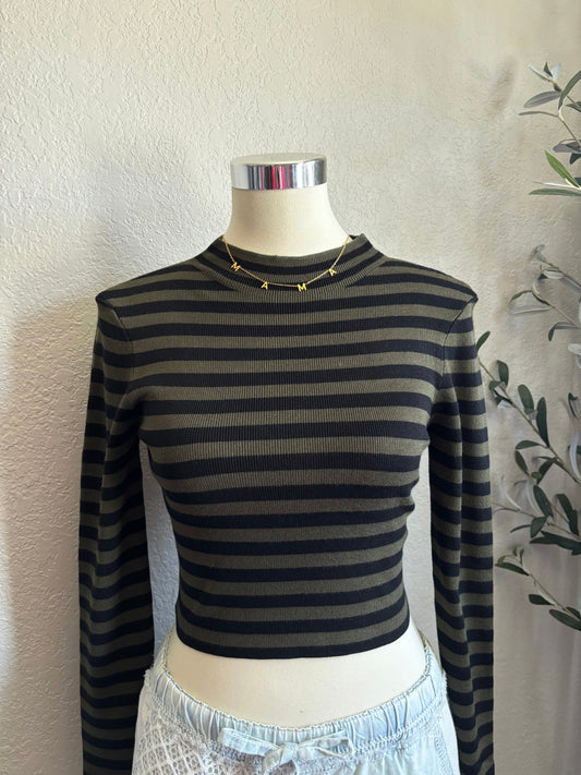 Lauren Striped Mock Neck Long Sleeve (Olive)