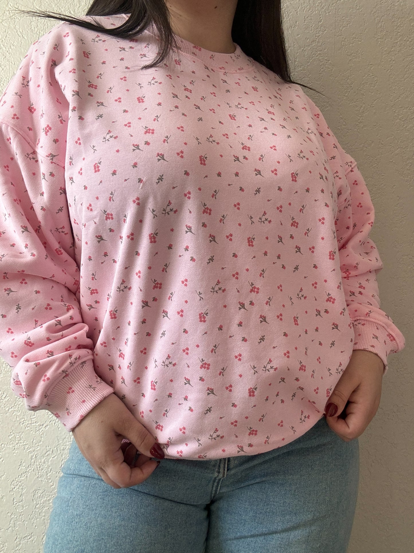 Ditsy Floral Printed Oversized Crewneck- Pink