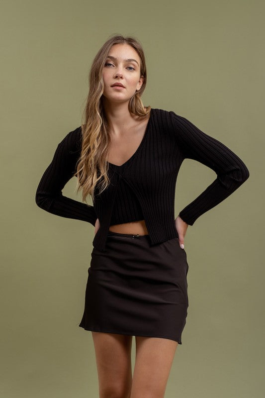 Long Sleeve Twofer Ribbed Sweater-Black