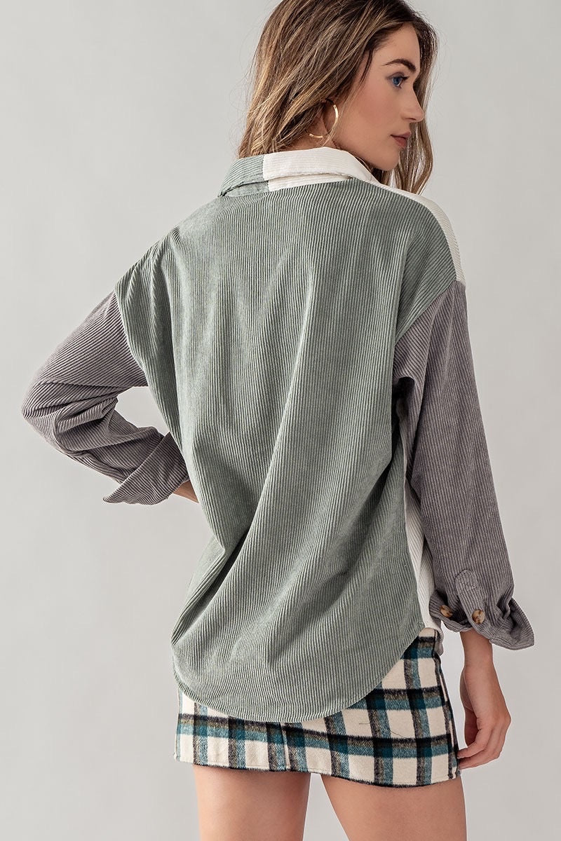 Alana Colorblock Corduroy Shacket (Sage Multi)