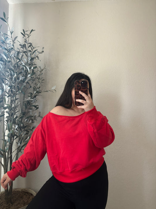 Love Struck Off Shoulder Sweater- Red