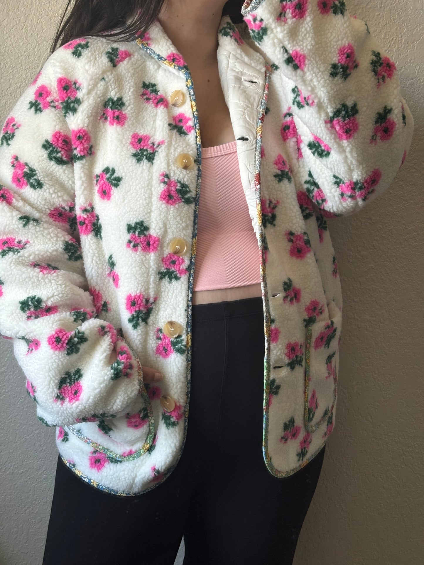 Blooming Floral Print Sherpa Jacket- Off White