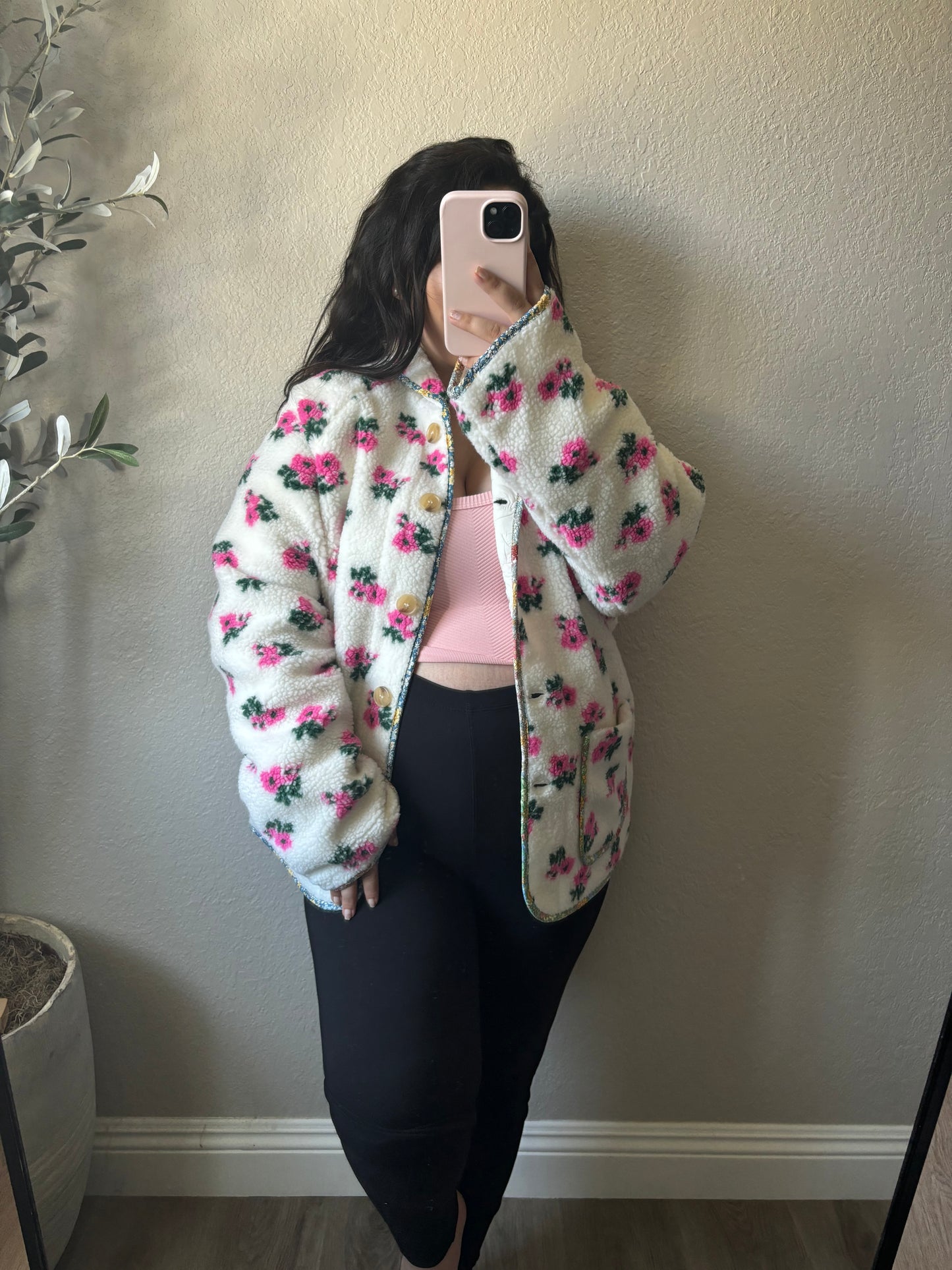 Blooming Floral Print Sherpa Jacket- Off White