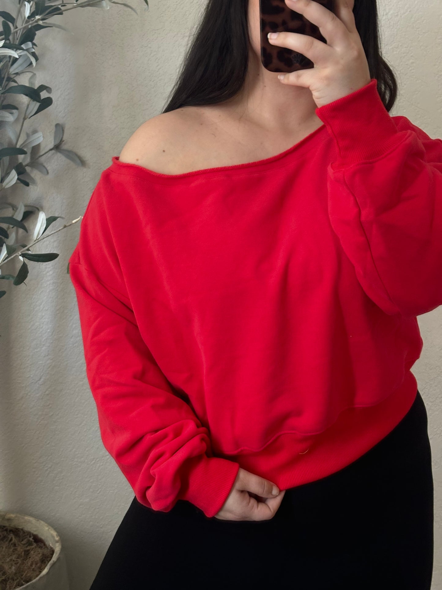 Love Struck Off Shoulder Sweater- Red