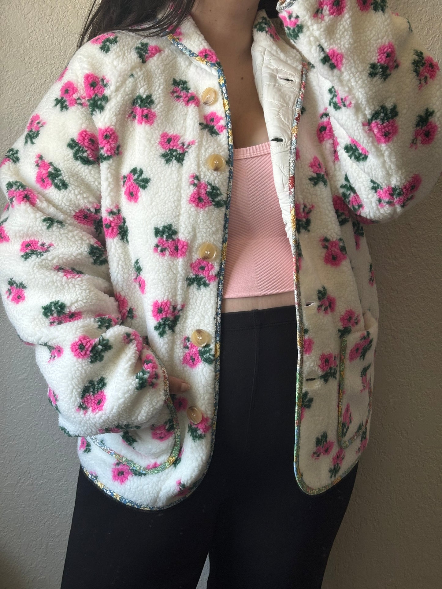 Blooming Floral Print Sherpa Jacket- Off White