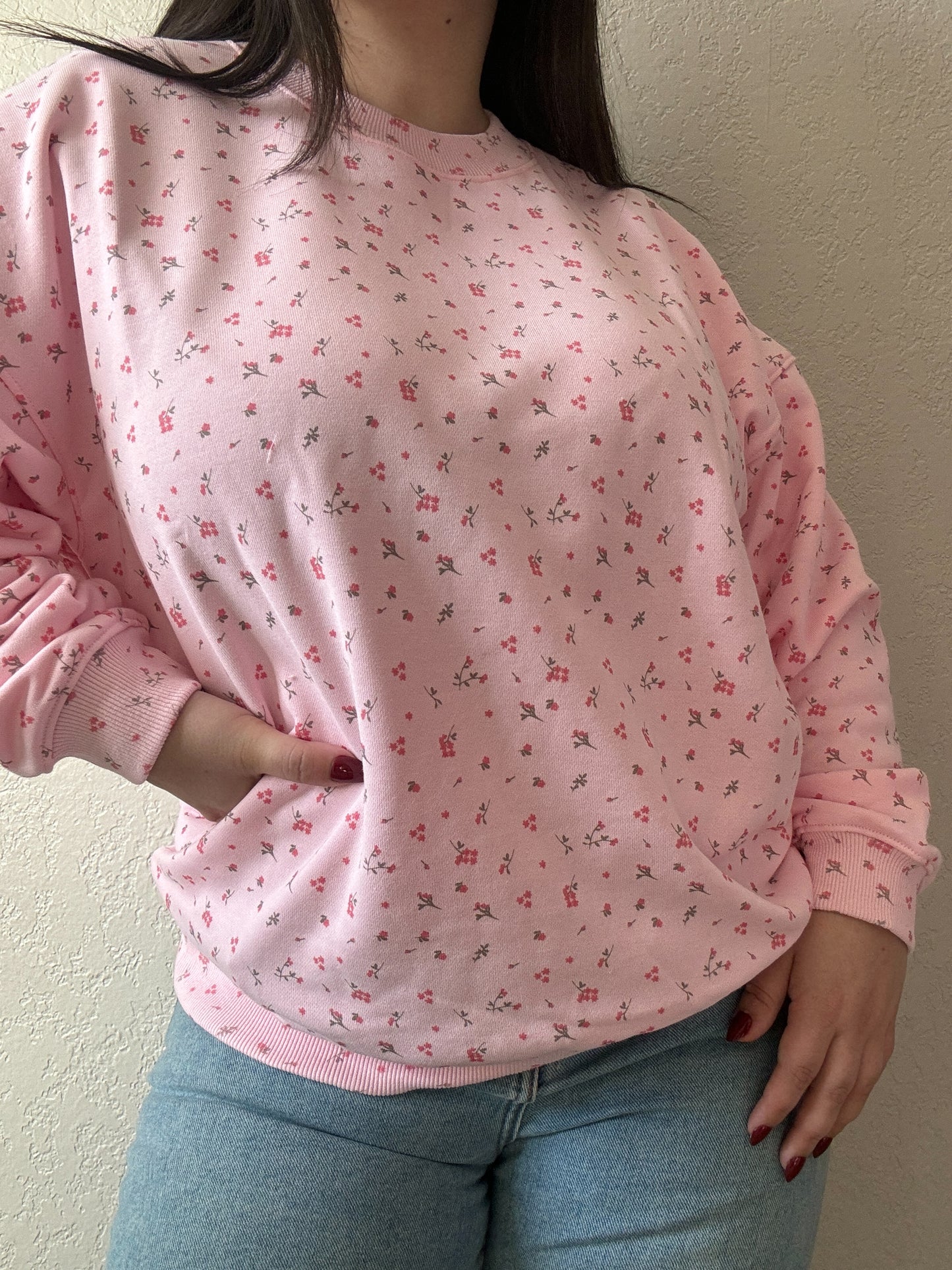 Ditsy Floral Printed Oversized Crewneck- Pink