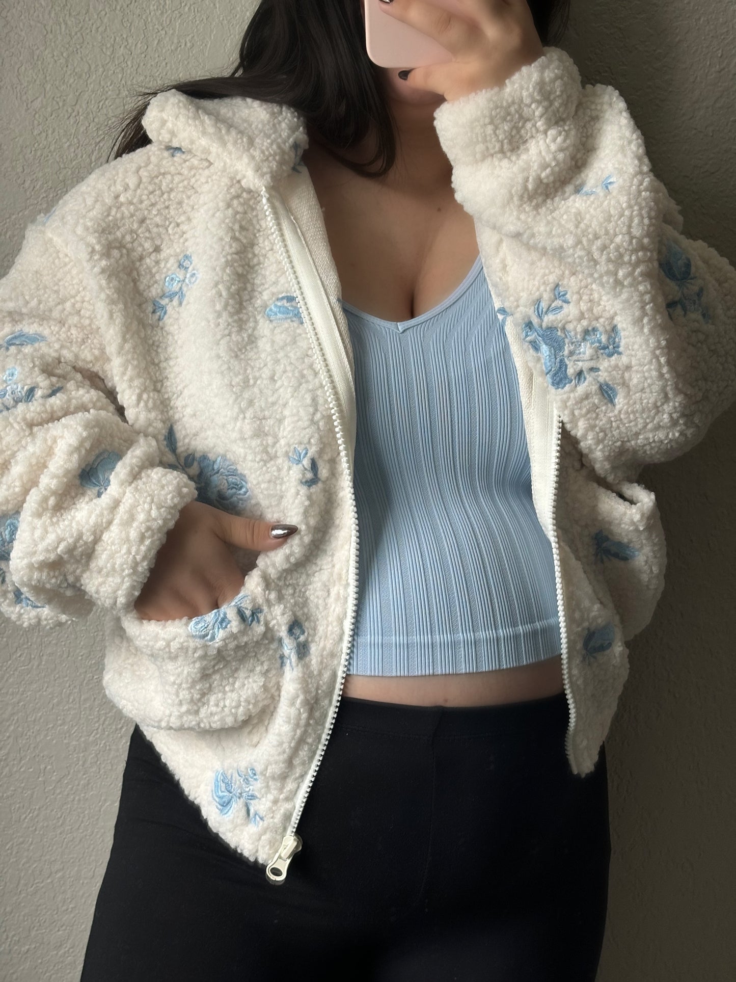 Floral Bliss Sherpa Jacket- Baby Blue/Cream