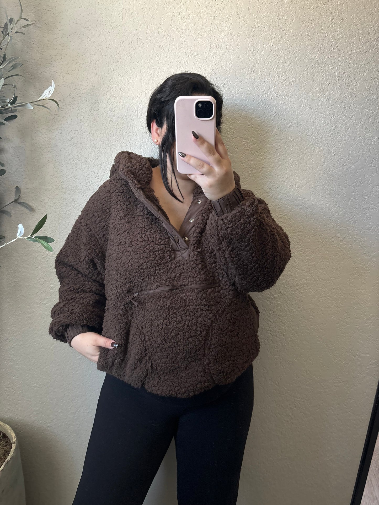 Teddy Sherpa Hoodie Pullover-Mocha