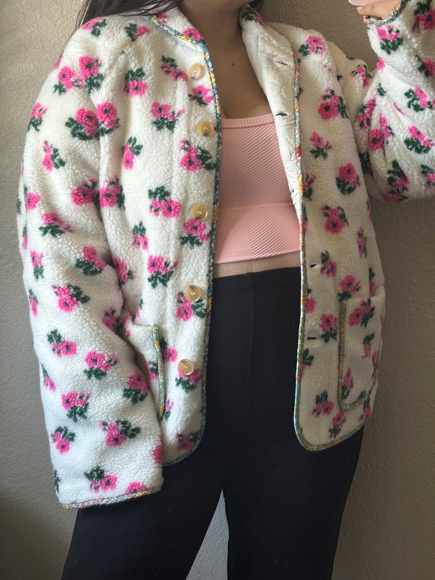 Blooming Floral Print Sherpa Jacket- Off White