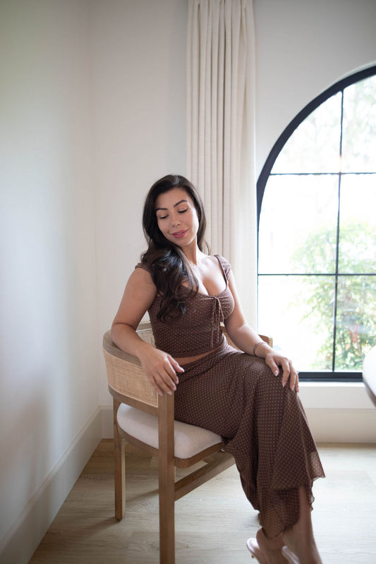 Cocoa Midi Skirt Set (Brown Polka Dot)