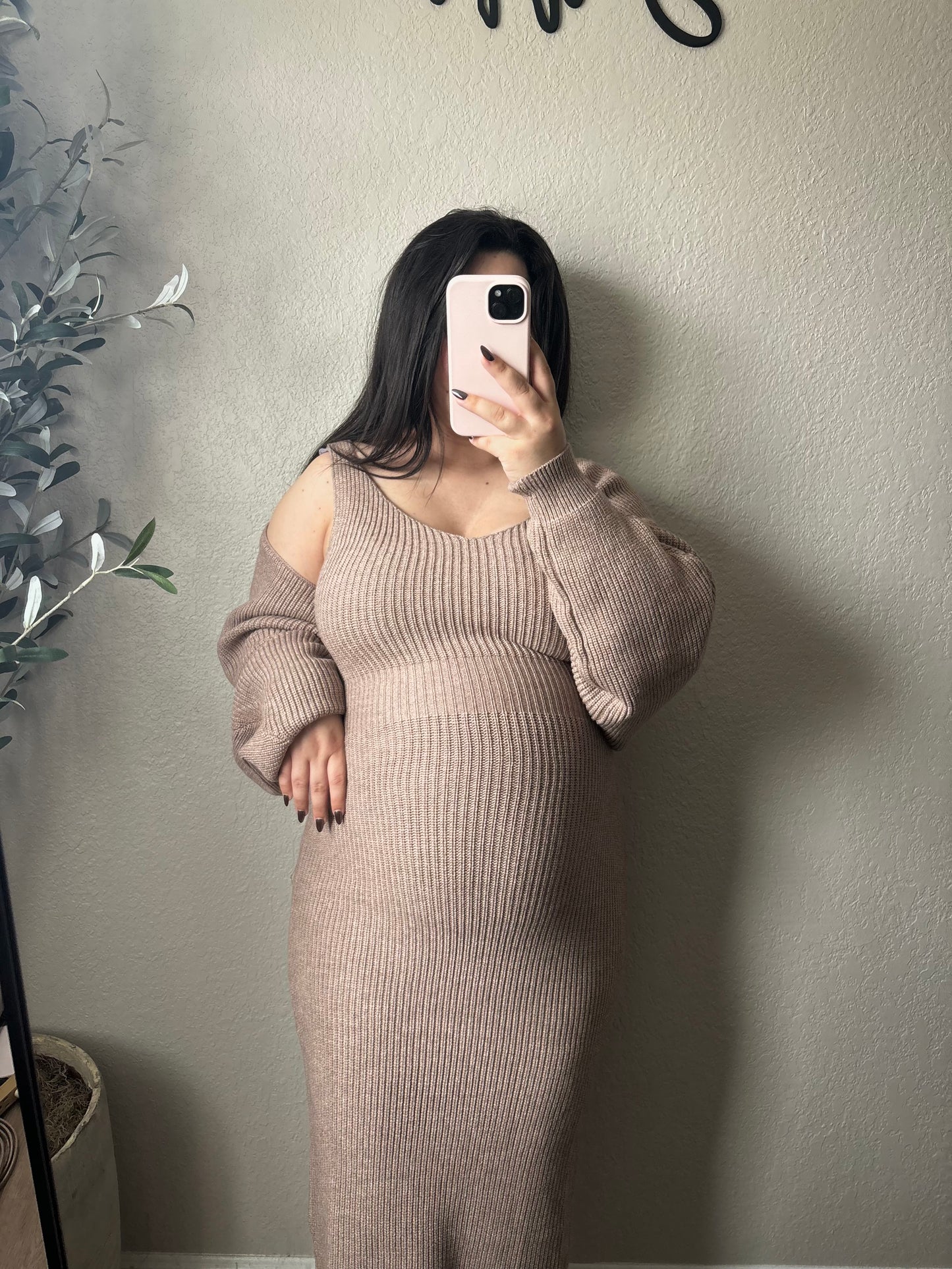 Knit V-Neck Midi Dress & Shrug Set- Latte