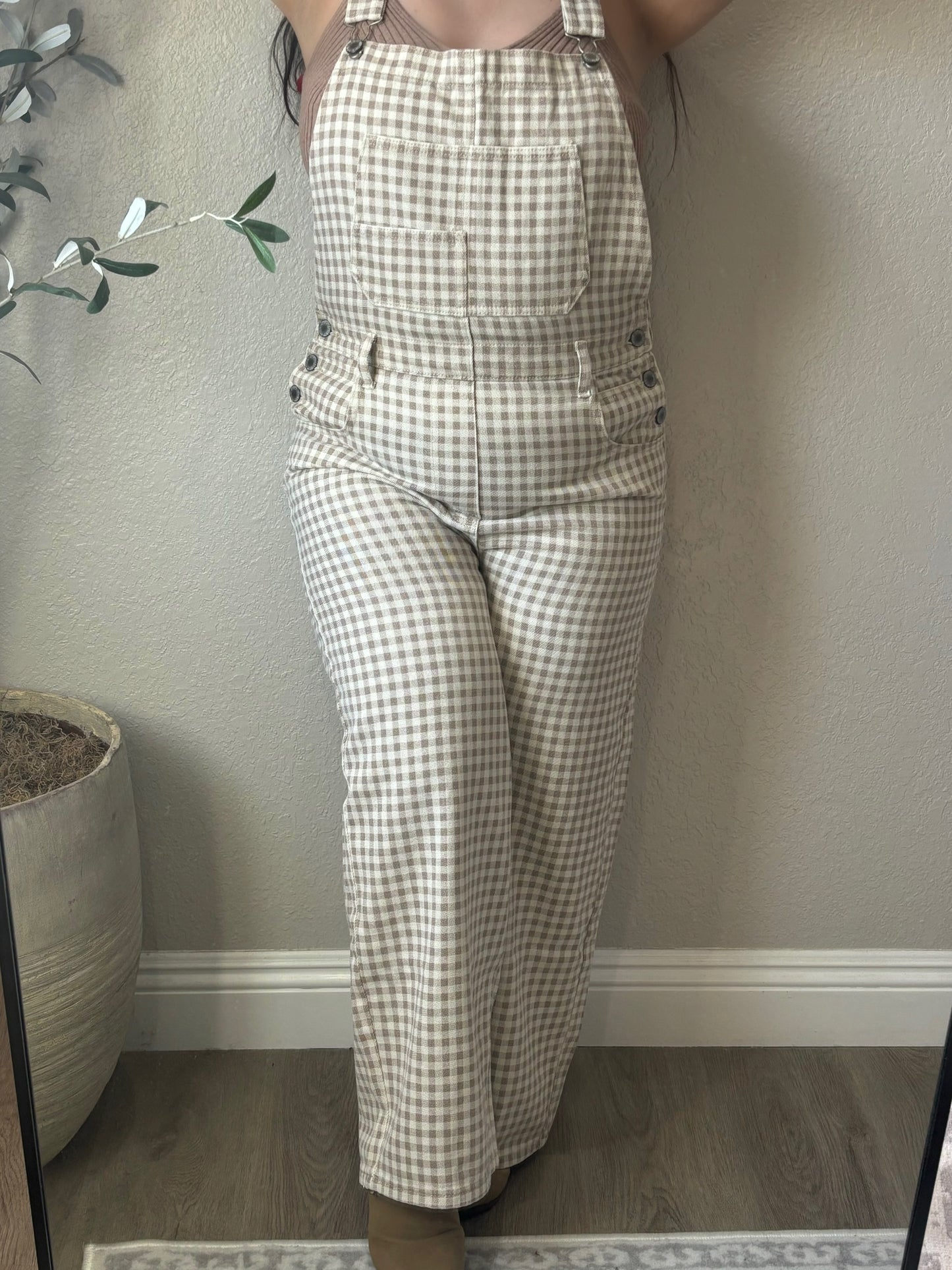 Sweet Harvest Overalls- Gingham Cream/Taupe