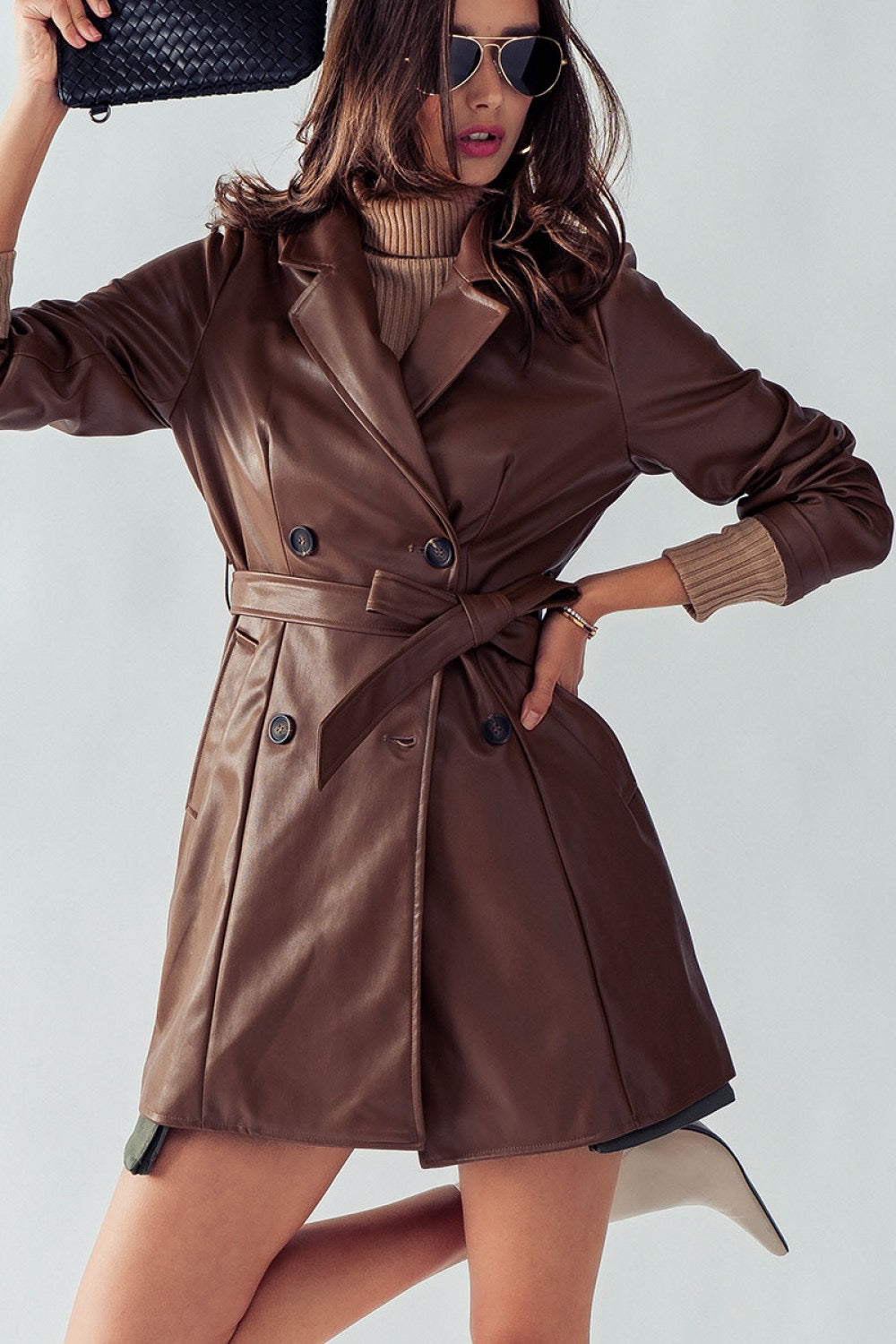 Aaliyah Faux Leather Trench Coat (Brown)