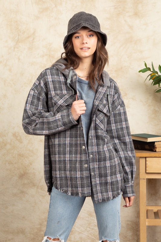 Jaylea Charcoal Mix Frayed Hem Plaid Shacket with Hood