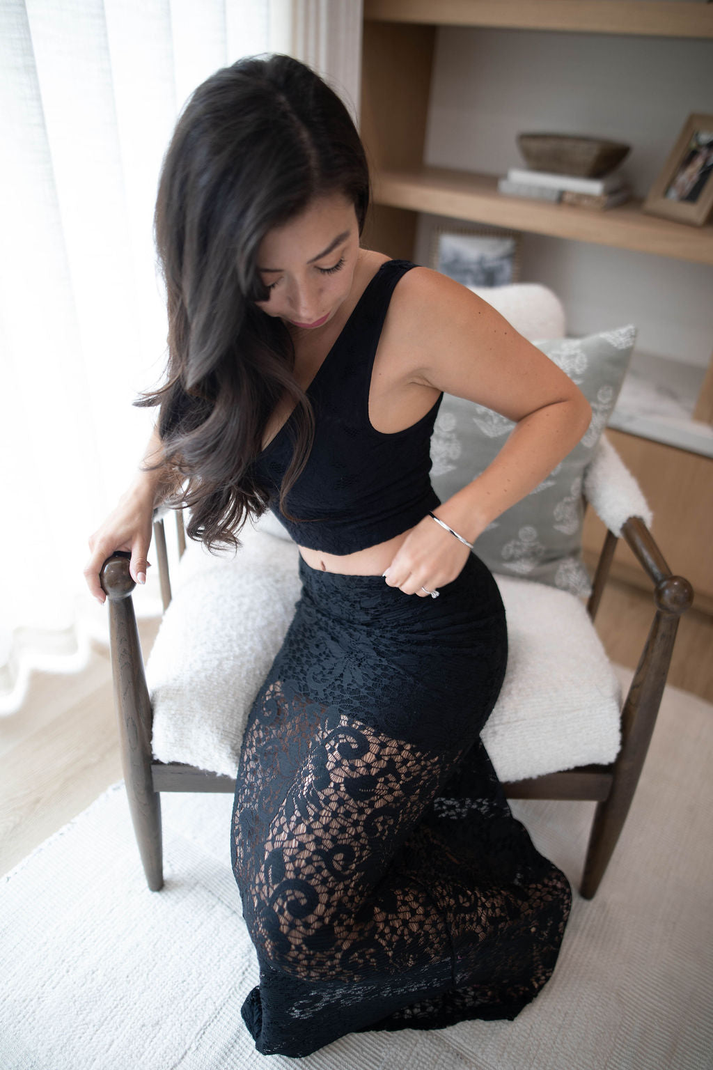 Midnight Sheer Lace Maxi Skirt (Black)