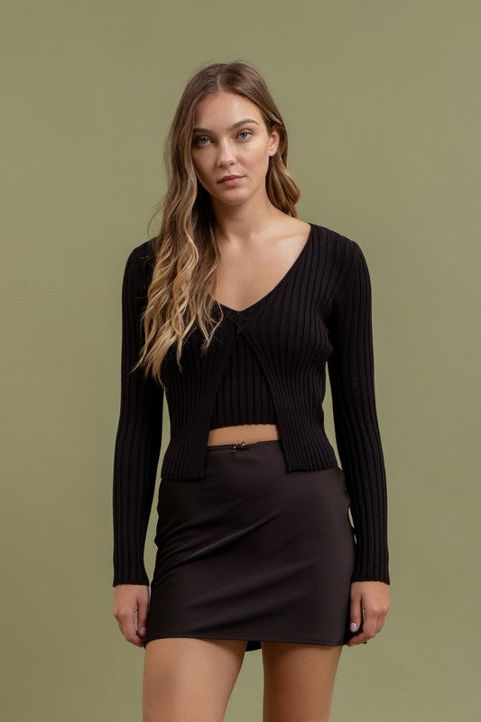 Long Sleeve Twofer Ribbed Sweater-Black