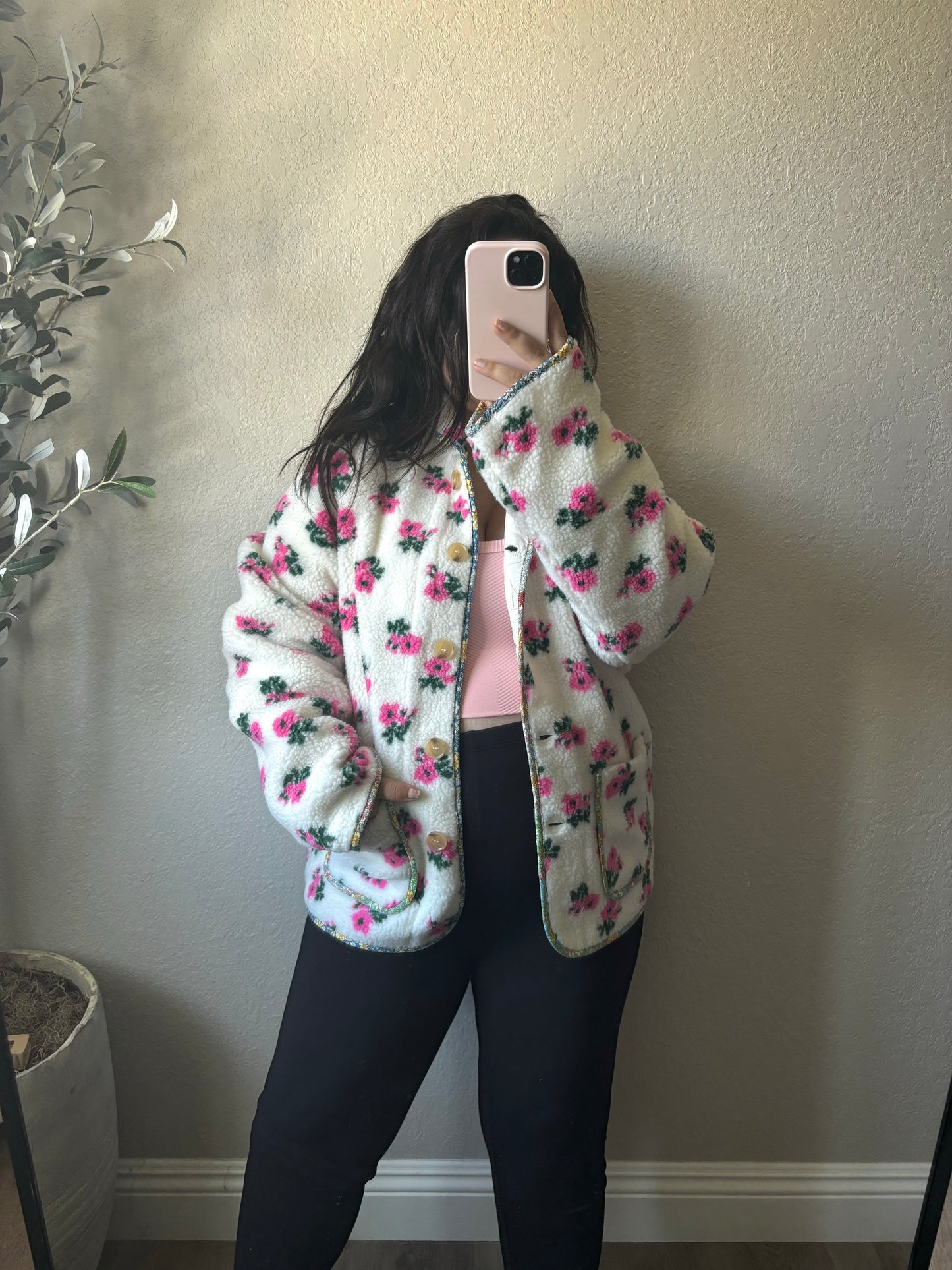 Blooming Floral Print Sherpa Jacket- Off White