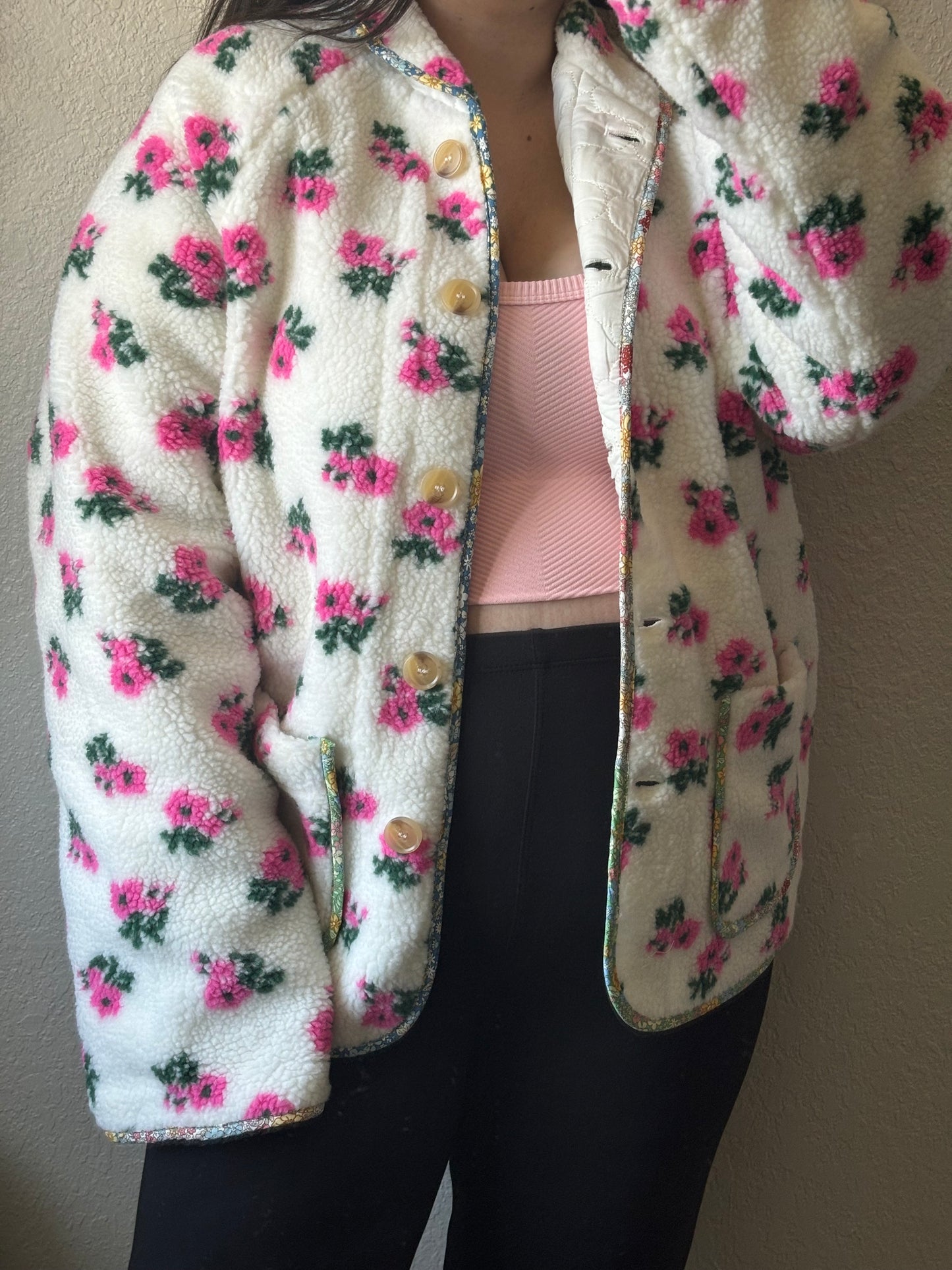 Blooming Floral Print Sherpa Jacket- Off White