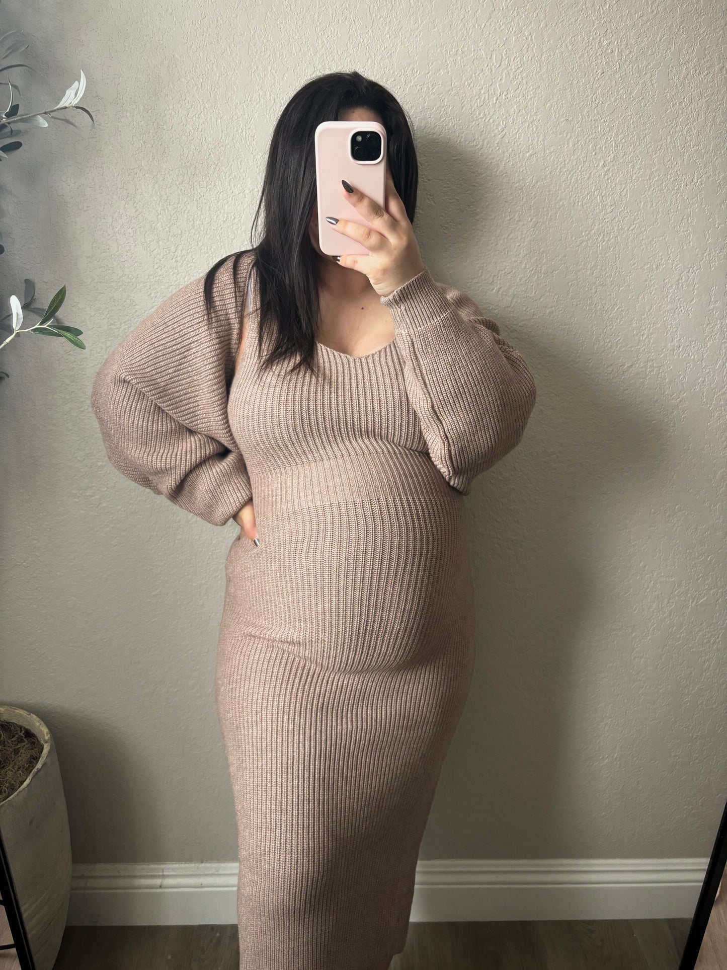 Knit V-Neck Midi Dress & Shrug Set- Latte