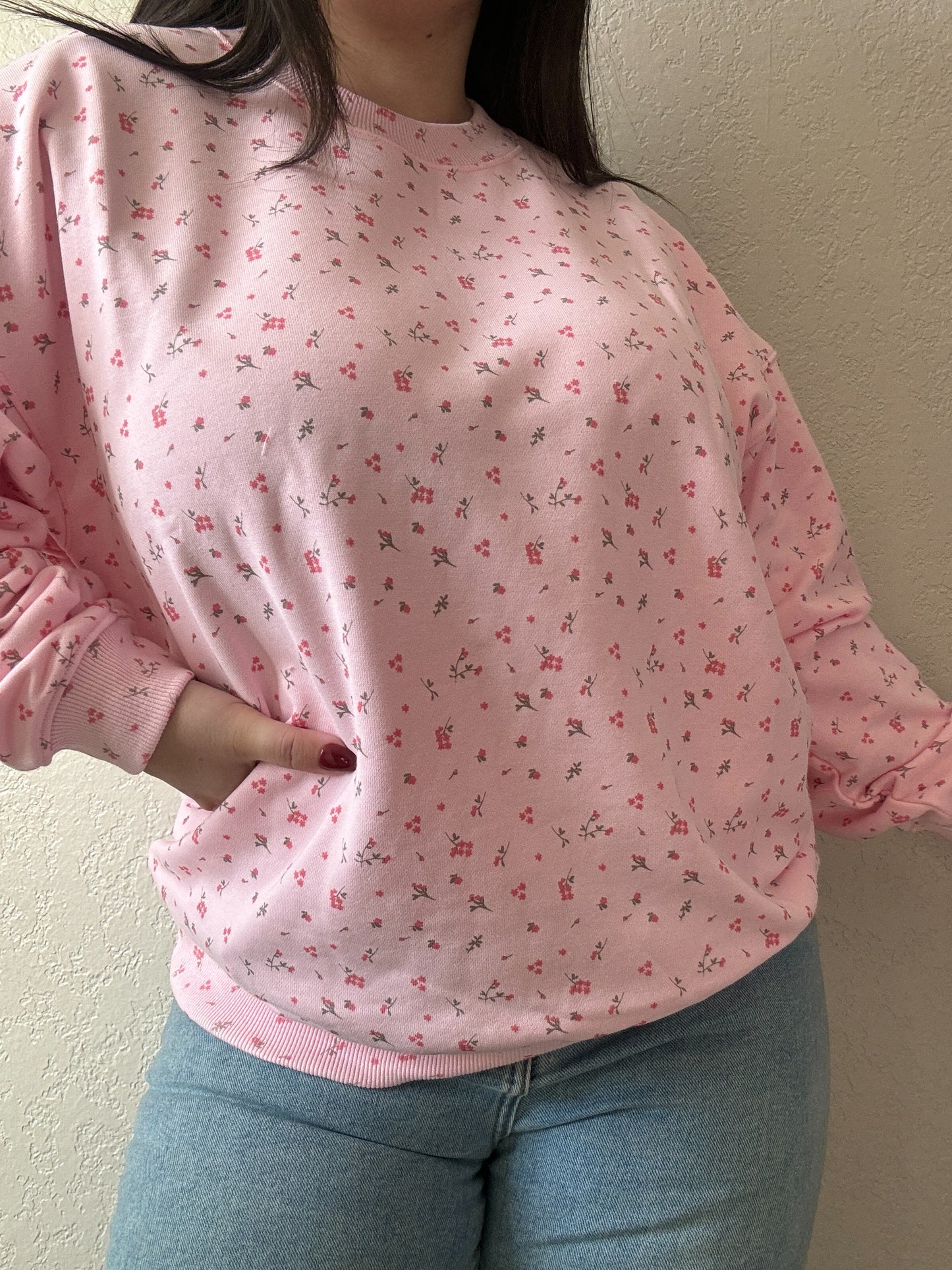 Ditsy Floral Printed Oversized Crewneck- Pink