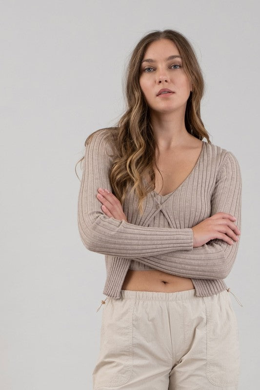 Long Sleeve Twofer Ribbed Sweater-Taupe