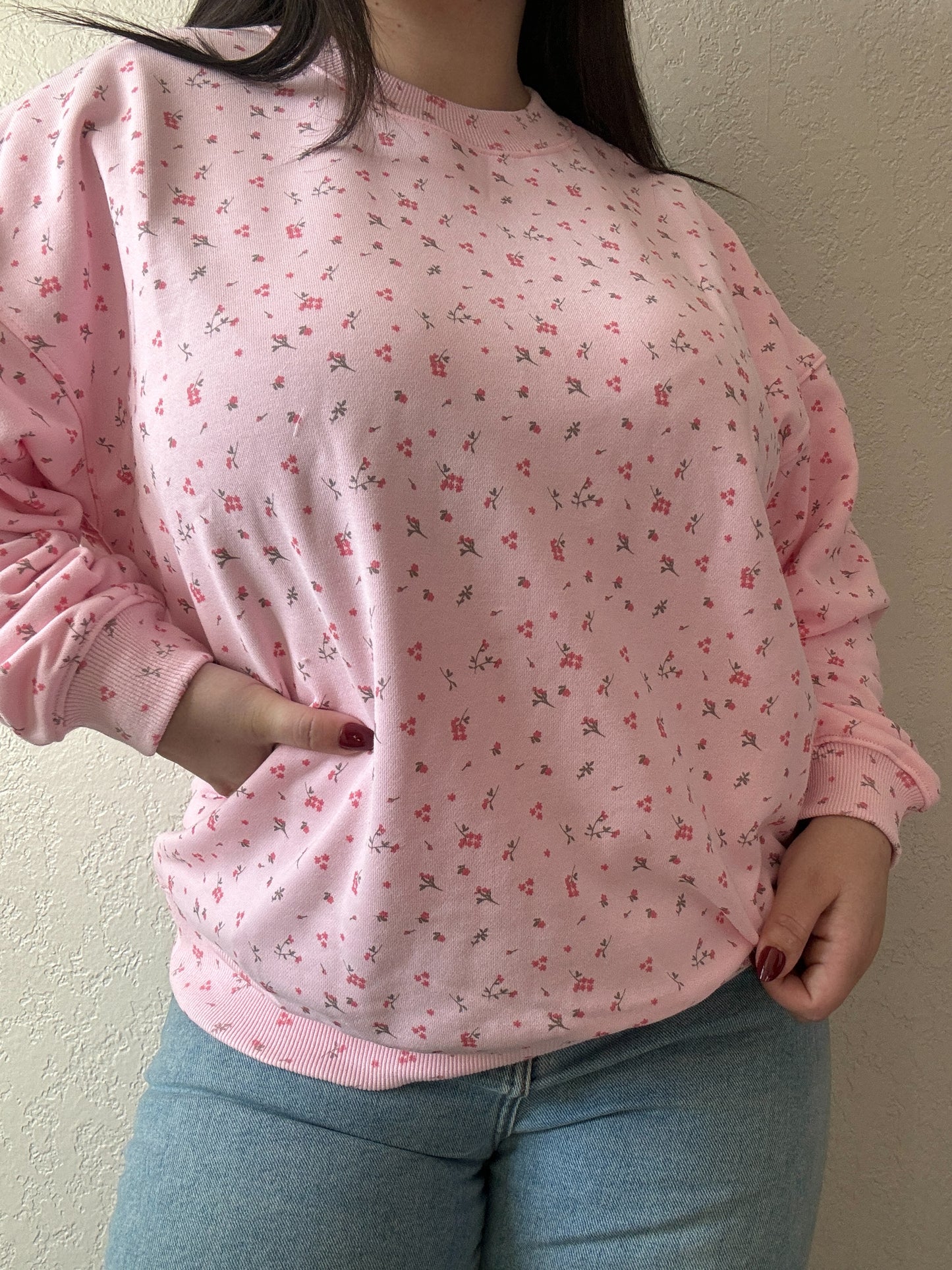 Ditsy Floral Printed Oversized Crewneck- Pink