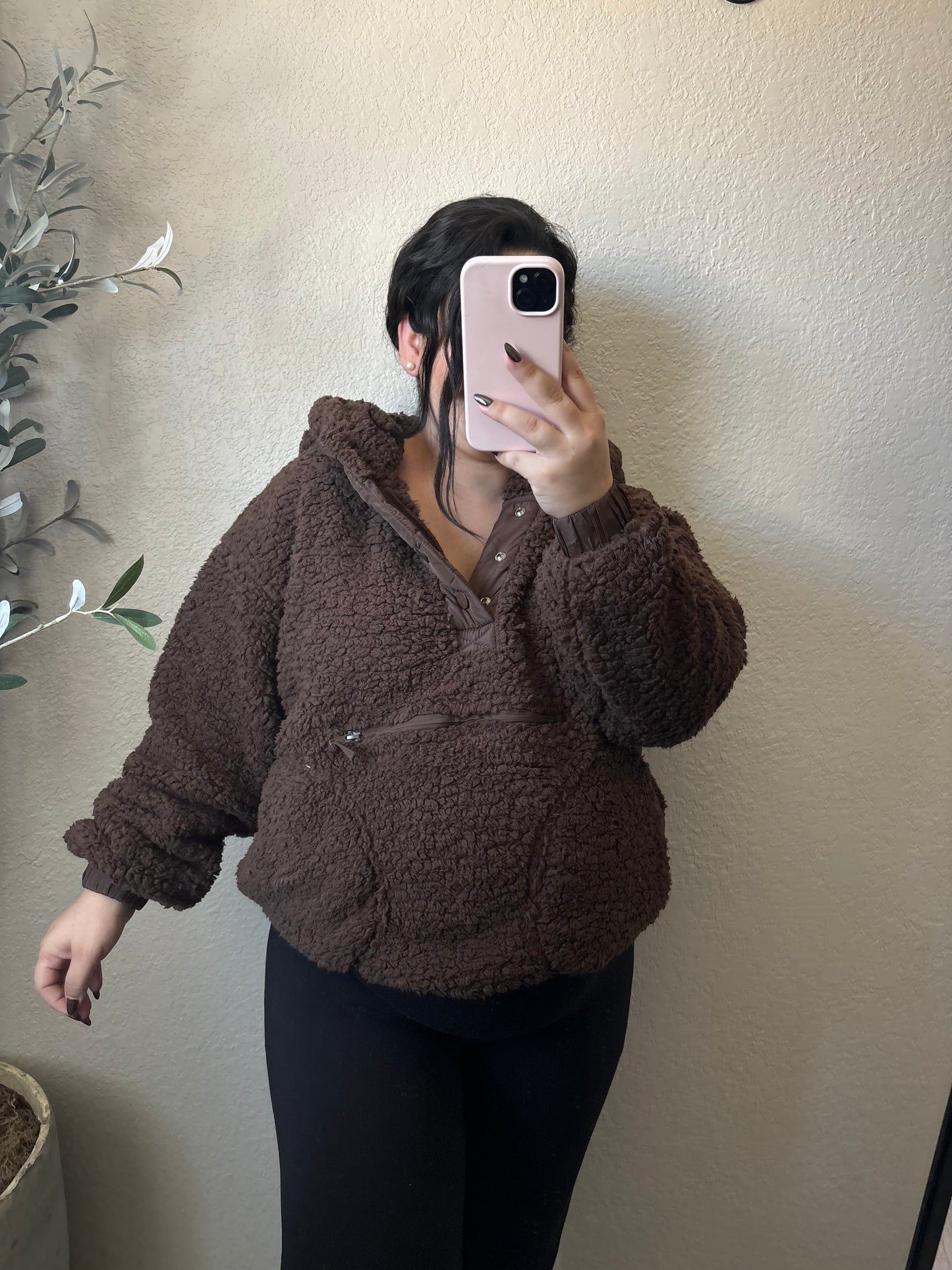 Teddy Sherpa Hoodie Pullover-Mocha