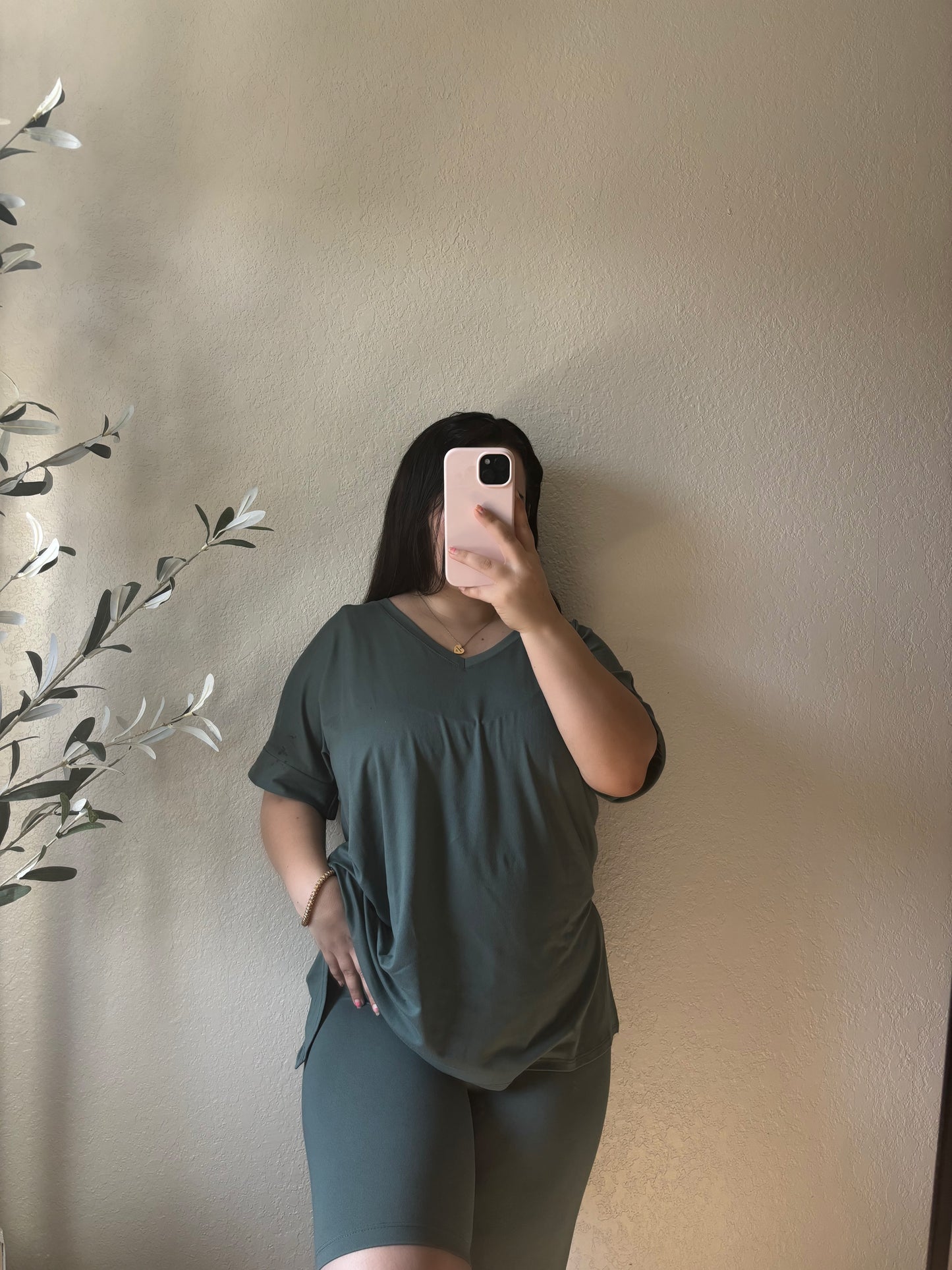 Terry V-Neck Oversized Tee & Biker Short Set (Ash Jade)