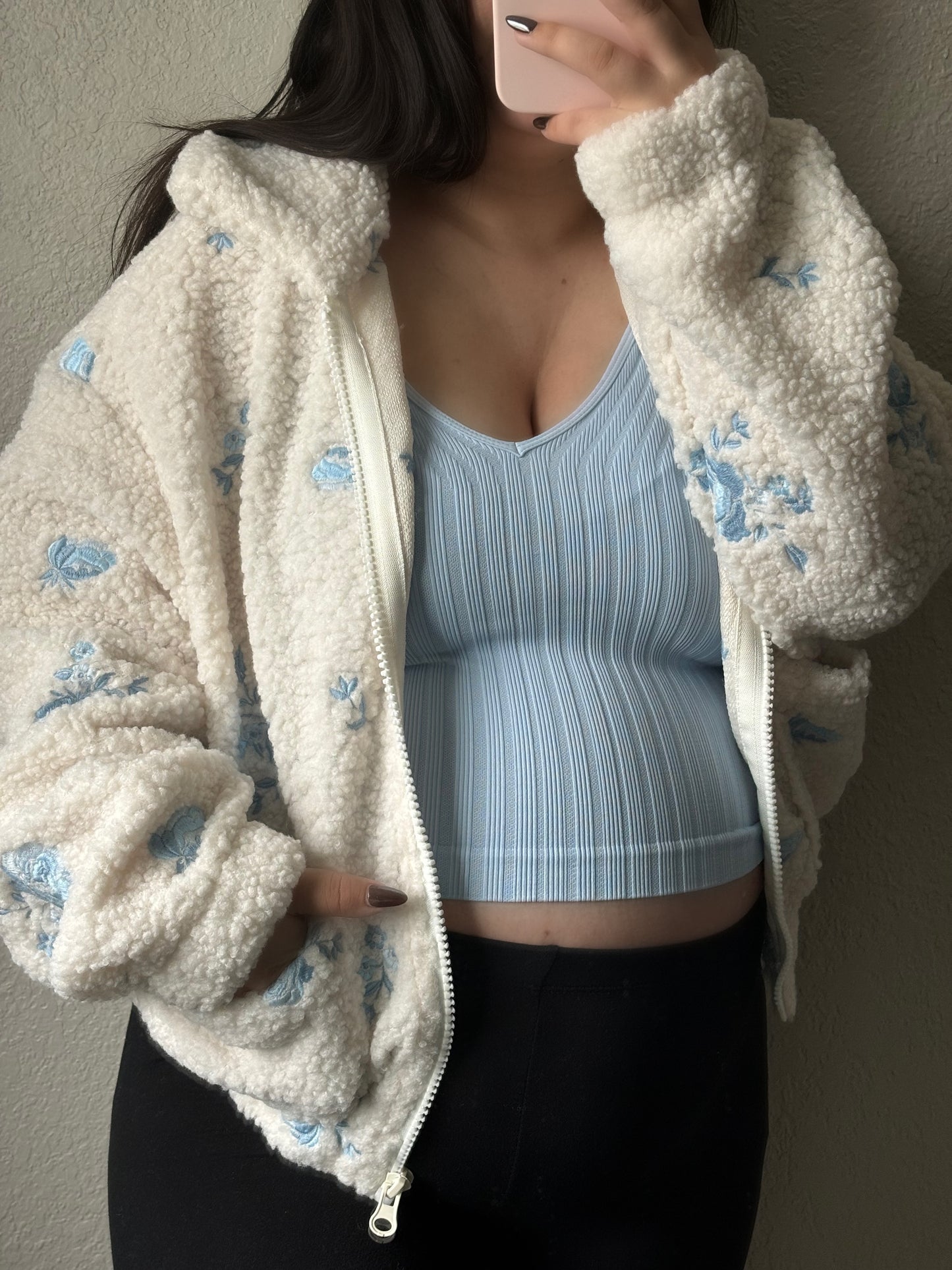 Floral Bliss Sherpa Jacket- Baby Blue/Cream