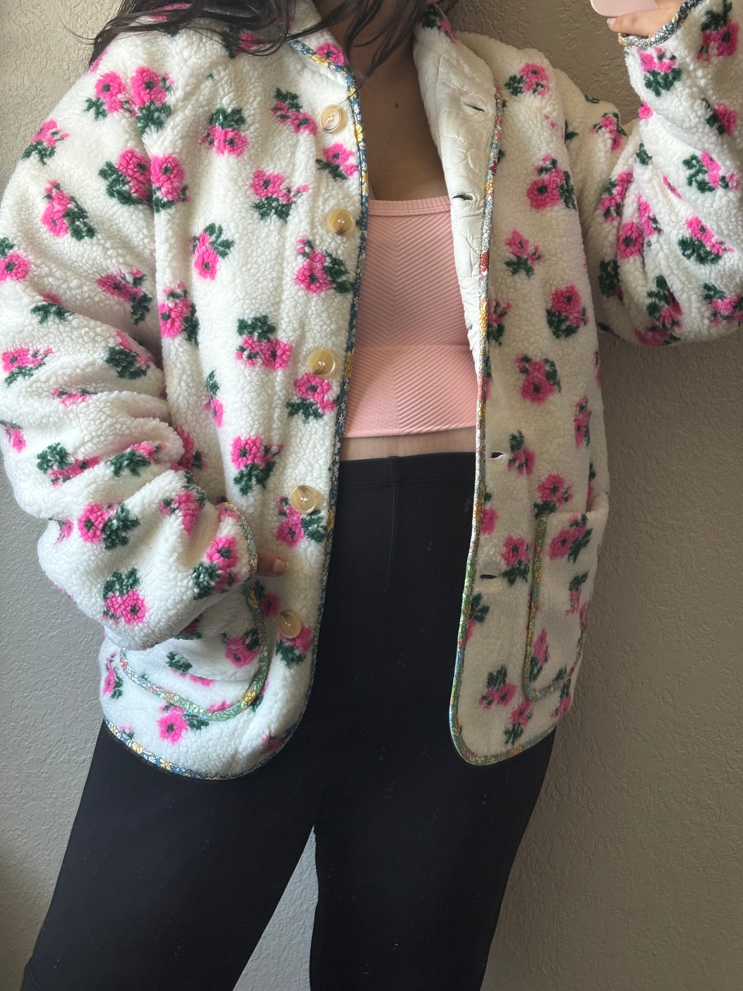 Blooming Floral Print Sherpa Jacket- Off White