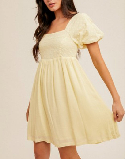Bubble Sleeve BabyDoll Dress (Yellow)