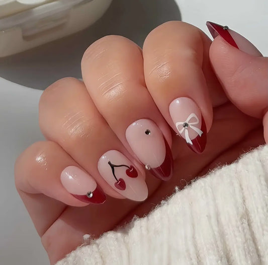 Cherry Ribbon Press On Nails- Short Almond
