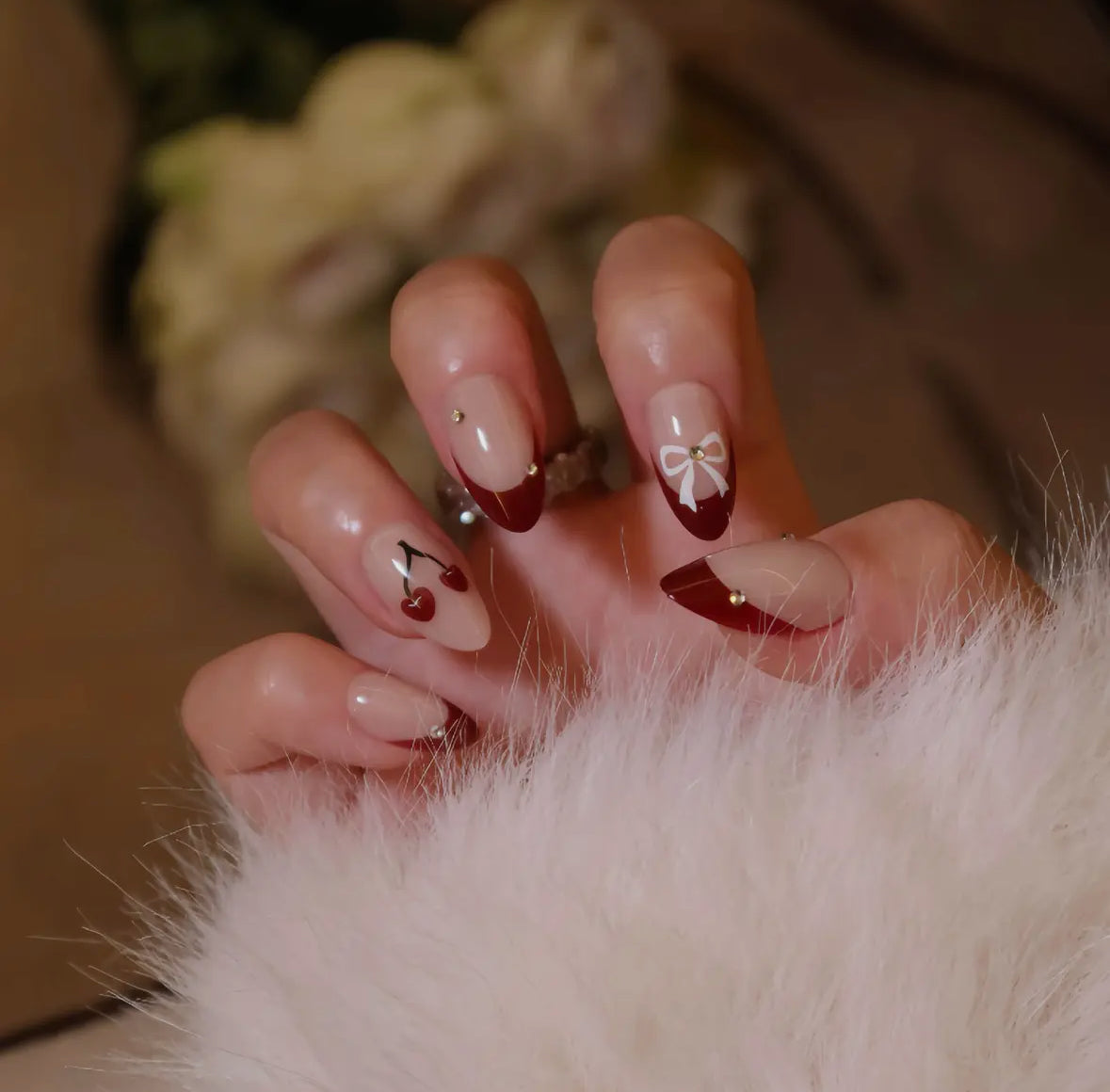 Cherry Ribbon Press On Nails- Short Almond